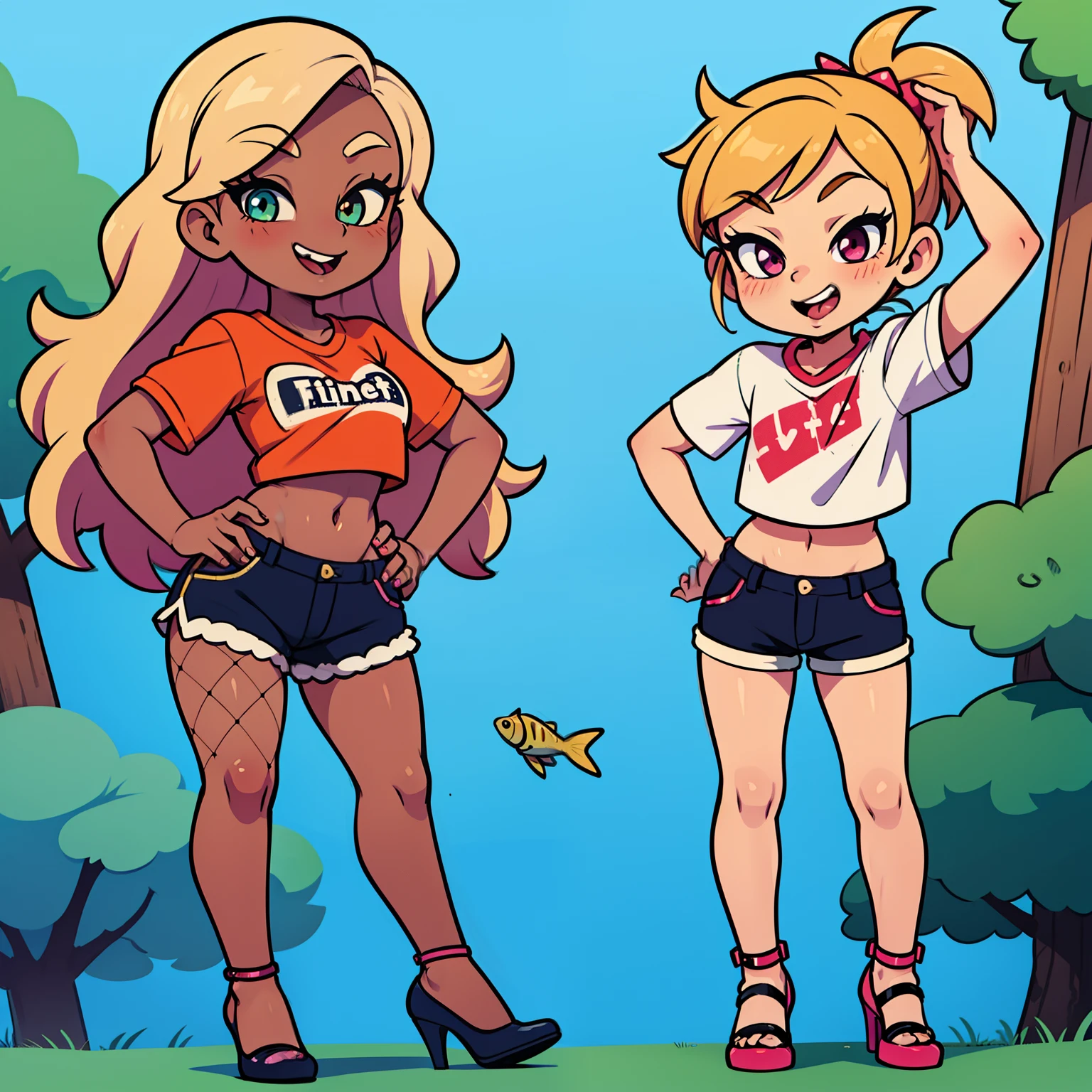 Loli, ite, litiny, chigyaru clothes, croptop, shortshorts, fishnets, high heels, tanned skin, lipstick, winking