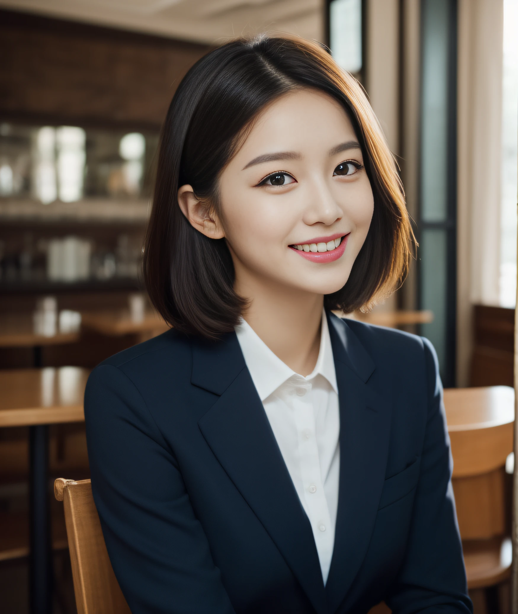 ((best quality, 8K, masterpiece: 1.3)), beautiful girl, pure, melon face, kind and cute, sweet smile, pure desire, slender body, (front), (tilted head), ((looking at camera) ), wearing a navy blue suit, black silky medium hair, long flowing shoulders, round black big eyes, clear big eyes, moist red lips, sweet, sitting in a cafe, cafe background , ((whole body)),