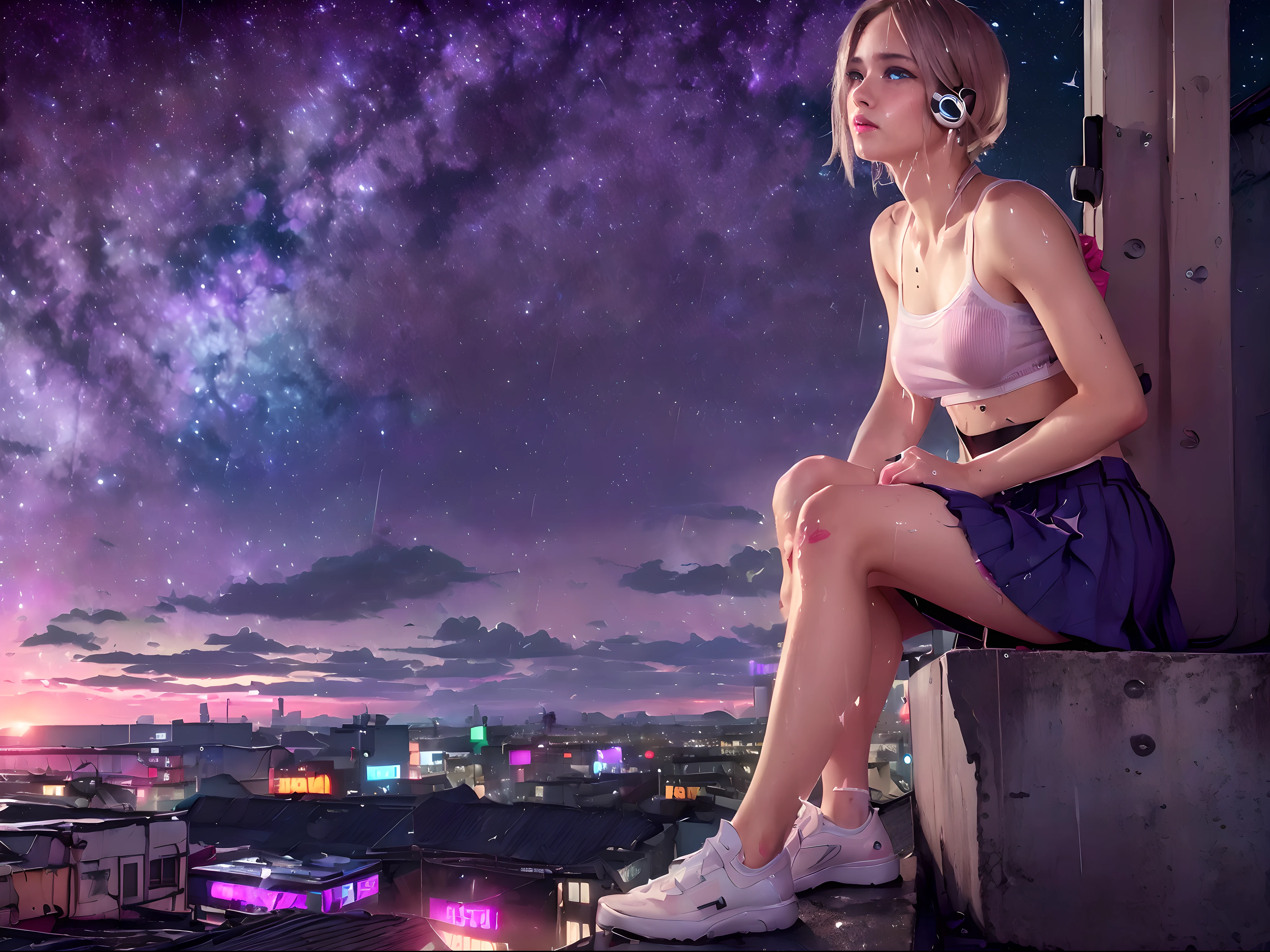 (realism:2), a girl sitting legs hanging, (on a edge roof ledge), (outdoor:1.4), (rain drop:1.5), (white school uniform, sweaty, serafuku, pleated skirt:1.5), (cityscape:1.5), (rainy city:1.45), (the milky way in the sky:1.45), (dusk:1.5), (small breasts), photoreal, panoramic anamorphic, looking across the shoulder, (beautiful sky, stars:1.65), (masterpiece), (see through:1.4), (soaking wet:1.4), (sexy:1.3), (cyber slums:1.4), (slums town on top:1.5), (cyberpunk 2077), beautiful neon city, (blue eyes:1.2), gray hair, multicolored eyes, multicolored hair, (bob cut, short hair with long strands)