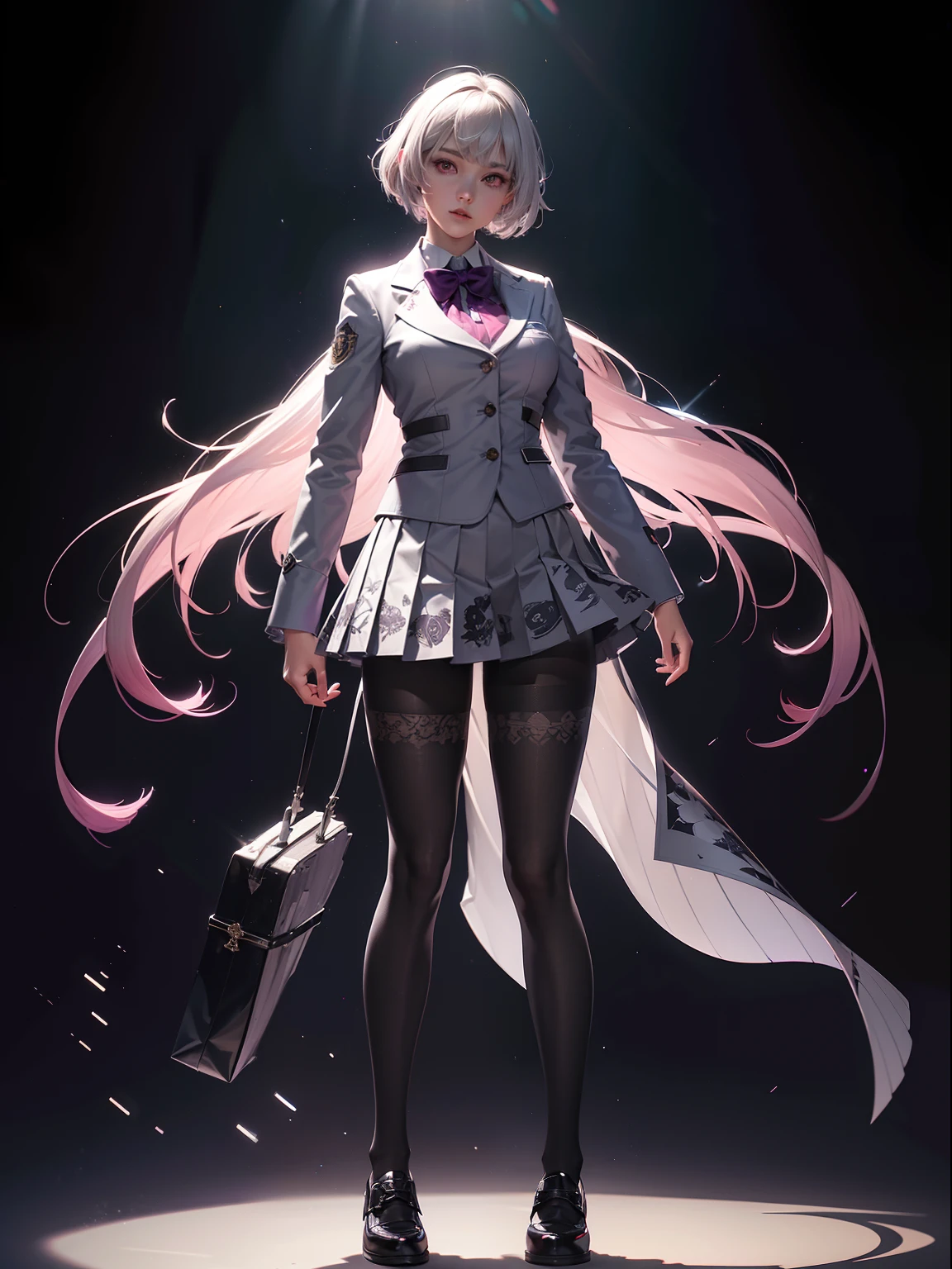 (full body:1.5),(1girl:1.3),(looking at viewer:1.4),(anatomy correct:1.3),(In the paradise of the day:1.3),(Wearing 2B suit JK uniform printed Ultra short pleated skirt and JK uniform leather shoes with bow decoration ,and Very thick Printed Pantyhose :1.35), (Light particle effect:1.3),(In pink | amarelo | blue colors| green color |red colors | white colors| black in color| purpleish color| greys| Beige| Flesh color 1.4),(Glowing eyes:1.3),(Large amplitude action: 1.3),(Accurate and perfect face:1.4),(Clothing Gloss:1.25),(Skin reflection:1.25),hyper HD, Ray traching, reflective light,structurally correct, Award-Awarded, high detal, lightand shade contrast, Face lighting,cinmatic lighting, tmasterpiece, super detailing, high high quality, high detal, best qualityer, 16k,high contrast,