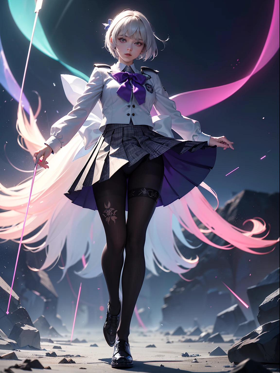 (full body:1.5)，(1girl:1.3),(looking at viewer:1.4)，(anatomy correct:1.3)，(In the paradise of the day:1.3),(Wearing 2B suit JK uniform printed Ultra short pleated skirt and JK uniform leather shoes with bow decoration ，and Very thick Printed Pantyhose  :1.35), (Light particle effect:1.3),(In pink | amarelo | blue colors| green color |red colors | white colors| black in color| purpleish color| greys| Beige| Flesh color 1.4)，(Glowing eyes:1.3),(Large amplitude action: 1.3)，(Accurate and perfect face:1.4),(Clothing Gloss:1.25),(Skin reflection:1.25),hyper HD, Ray traching, reflective light，structurally correct, Award-Awarded, high detal, lightand shade contrast, Face lighting，cinmatic lighting, tmasterpiece, super detailing, high high quality, high detal, best qualityer, 16k，high contrast,