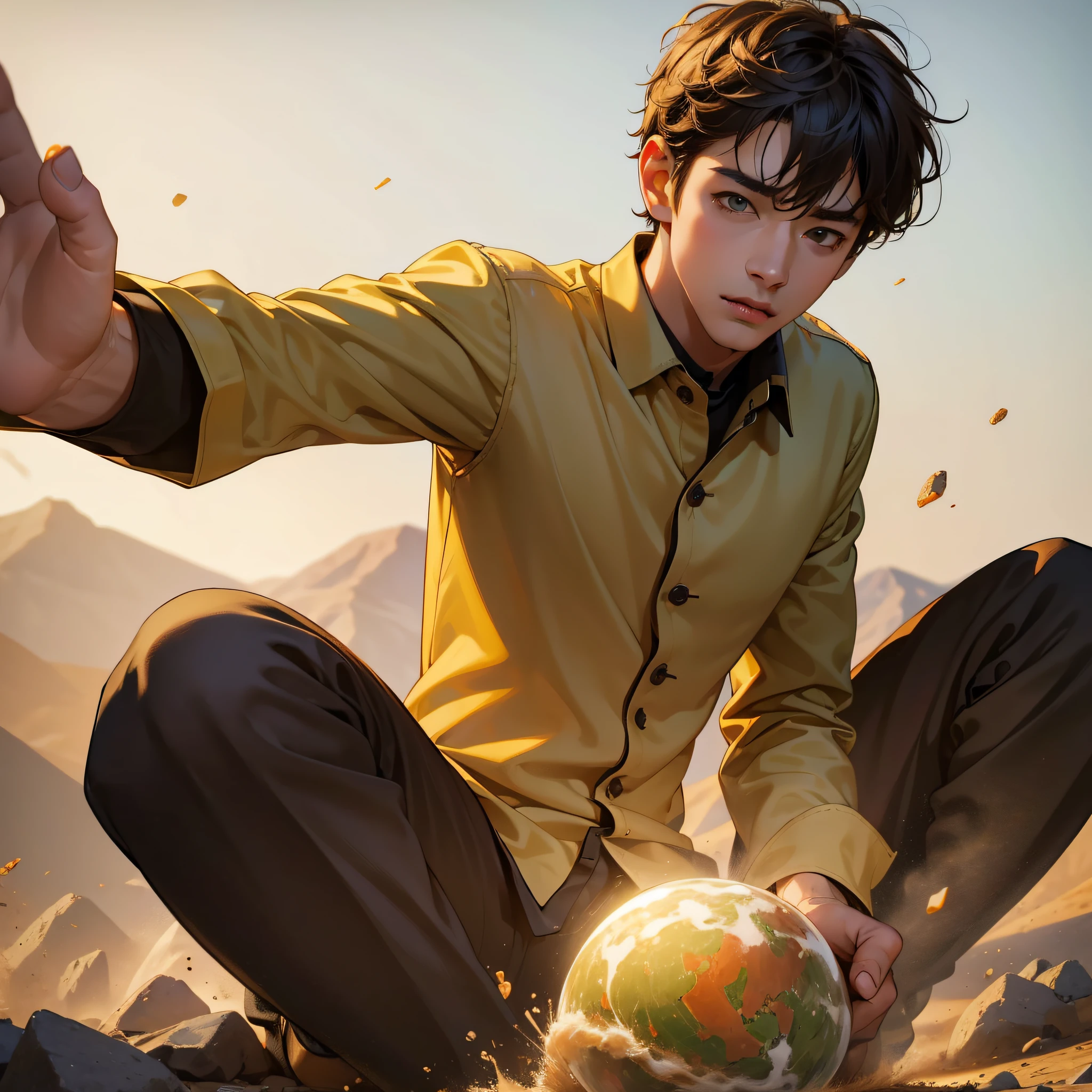 (in 8K、top-quality、​masterpiece:1.2)、1 boy、short-haired、Hair short、Brown-skinned、Yellow view、