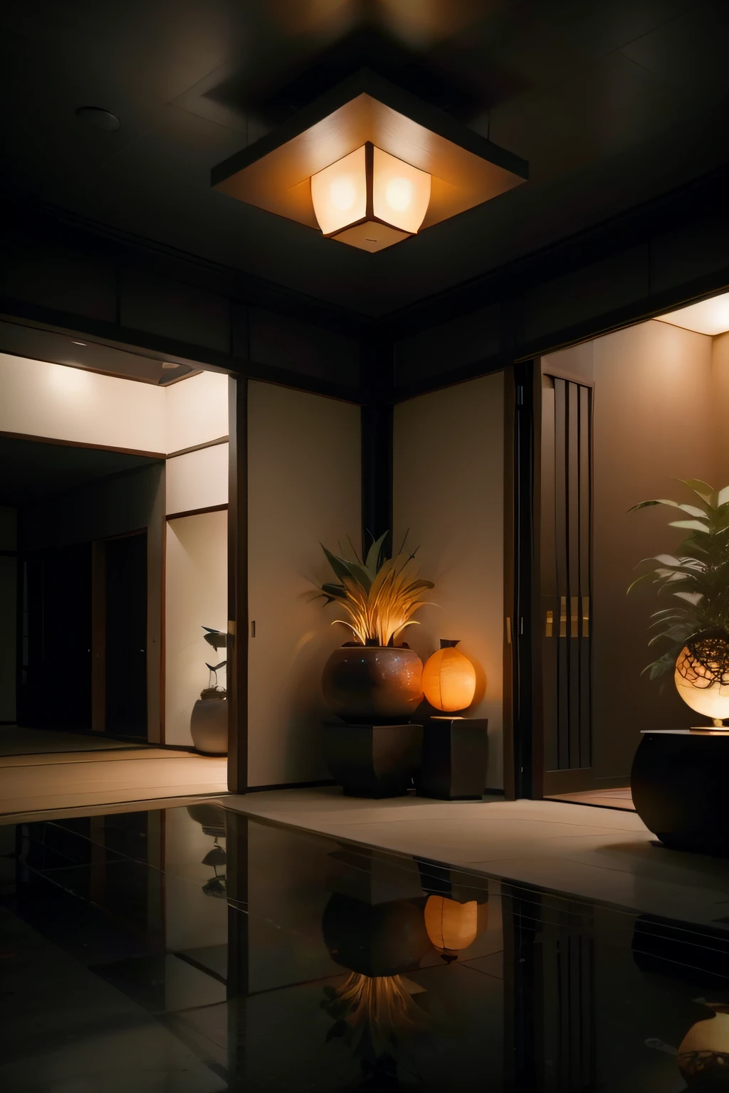Architectural photography: Japanese interior with
recessed lighting, a mirror and some plants, dark
orange and dark amber, luminous spheres, layered
textural surfaces, subtle, earthy tones, large-scale
murals, rich and immersive, lightbox --ar 4:3 --q 1 --v 5.2