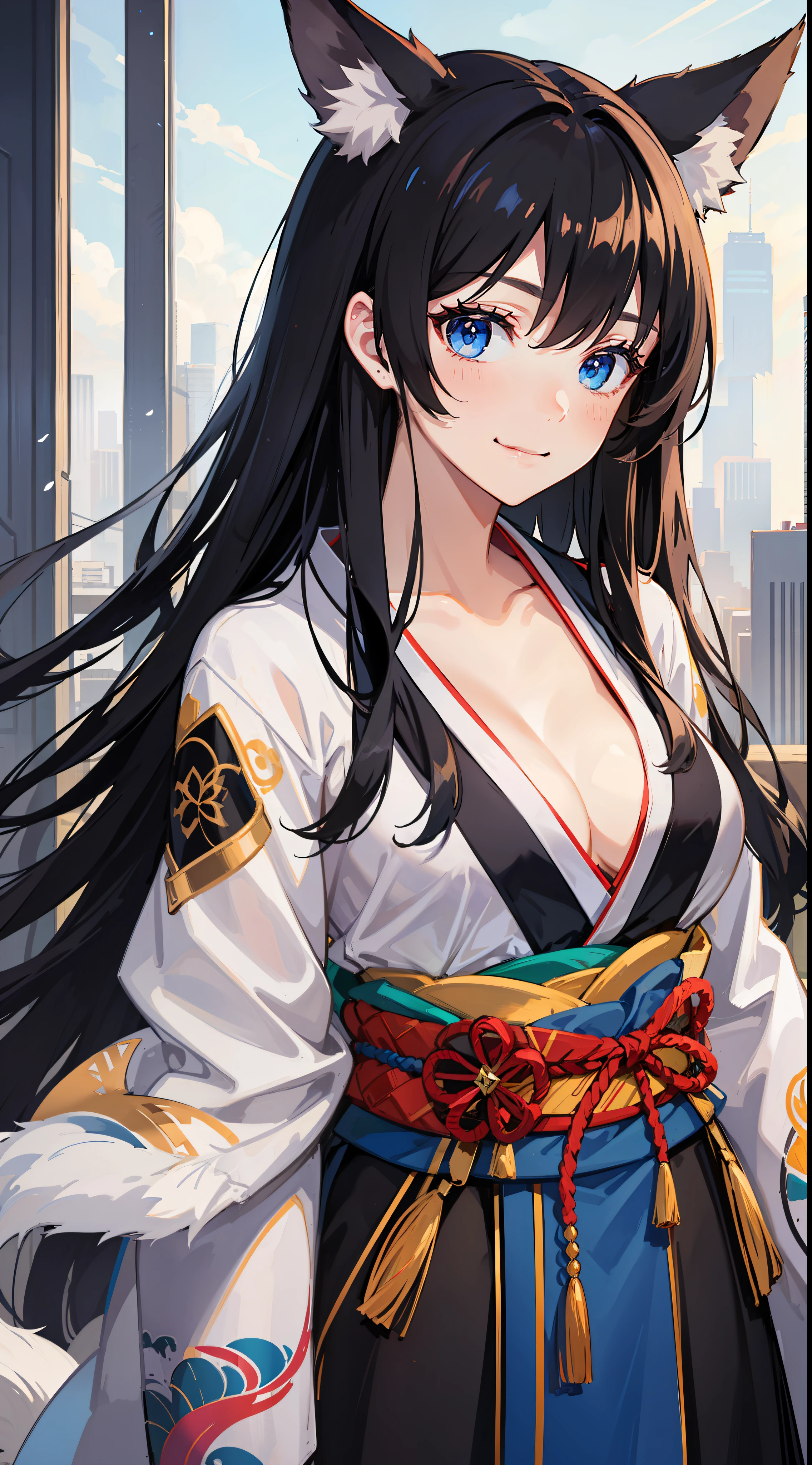 Adult woman, long black hair, blue eyes, white fox ears, open kimono, open chest, smile, masterpiece, high quality