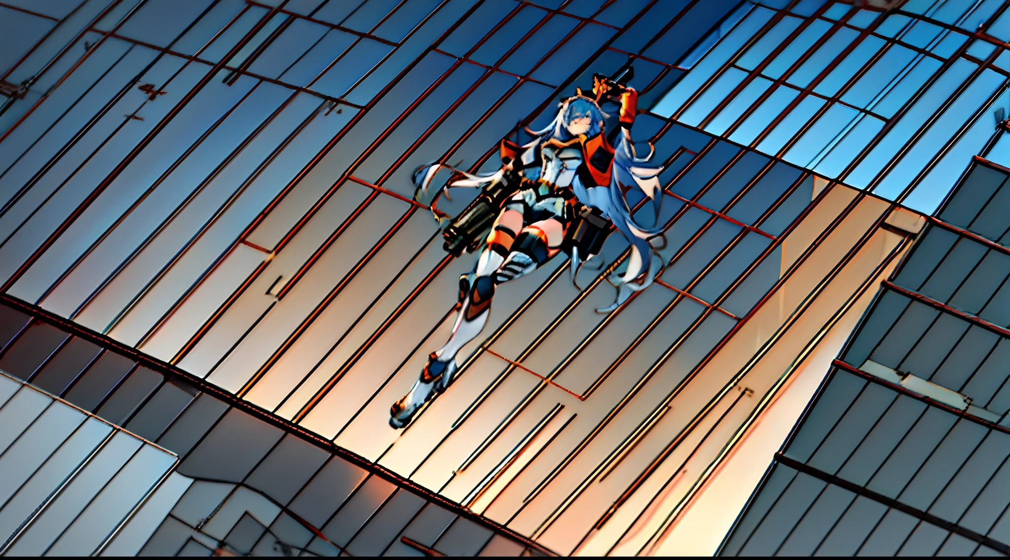 Anime girl with gun and plane in hangar, Mechanized Valkyrie girl, Fine details. Ash Front, From Ashes Front, Ashfront universe, A scene from the《Ash Front》videogame, girls frontline style,, Girls Frontline CG, Kantai collection style, m4 sopmod ii girls frontline, Ash Front, Girl with airplane parts,blue hair