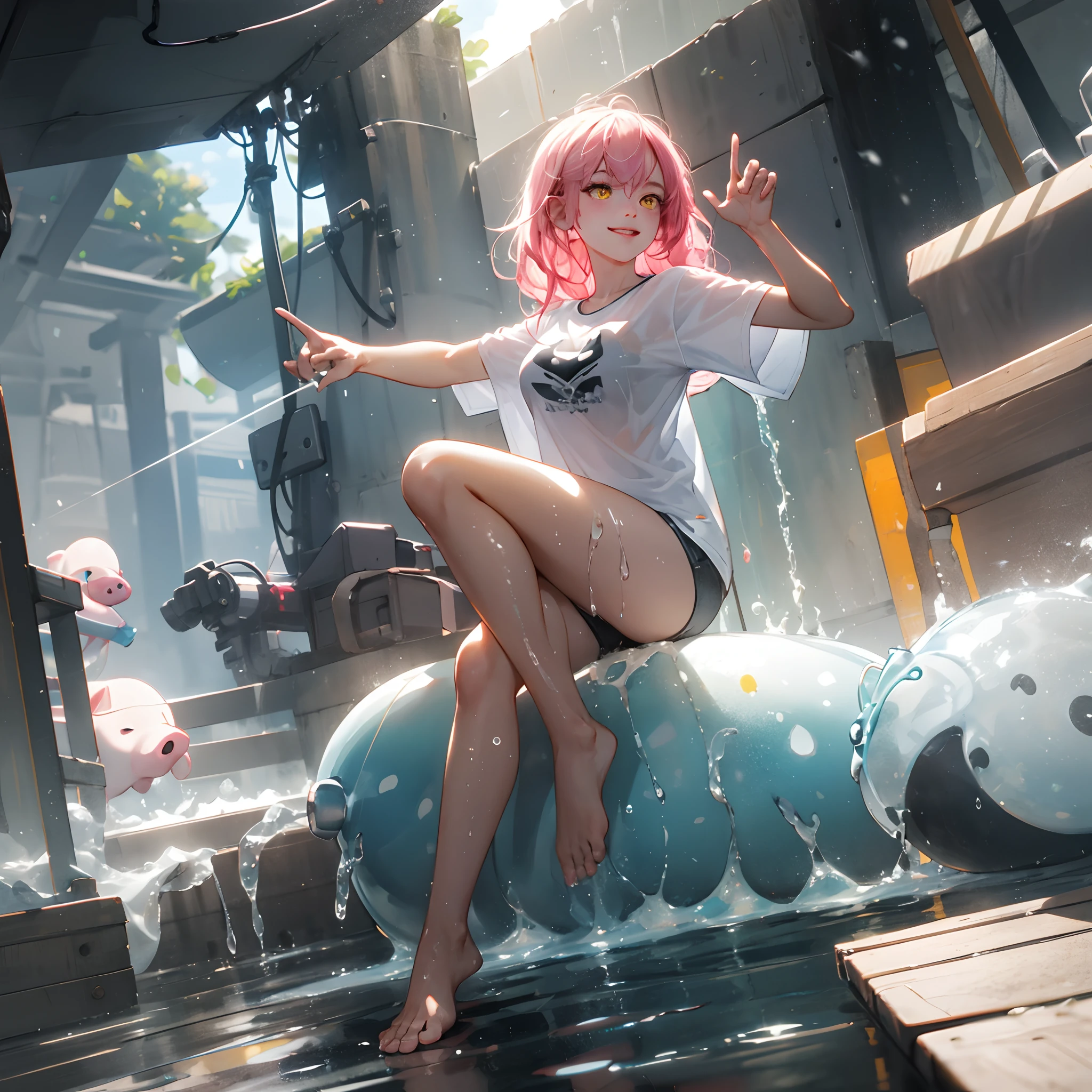 crouched down in the street,Open your legs to the sides,Lolitoms disappear,The barefoot,Bare legged,Dull hair,Young,Young body,Fleshy thighs,Chubby thighs,Wide white translucent T-shirt,Full body photo,Lori huge breasts cleavage,Amber eyes,messy hair,Long pink hair,clothes pattern:{Pig},Frontal photo,White translucent T-shirt,Pure,semi transparent,cleanness,Bright yellow eyes,Gloomy light and shadow,Frontal photo,Blush on the face,mid day,and the sun was shining brightly,moisty,soggy,Transparent colored liquid,A body wet with a large amount of white cloudy liquid,Seductive expression,A seductive smile,Seductive eyes,holy rays,Seductive thighs,Hands up,V-gesture,Pig ears。