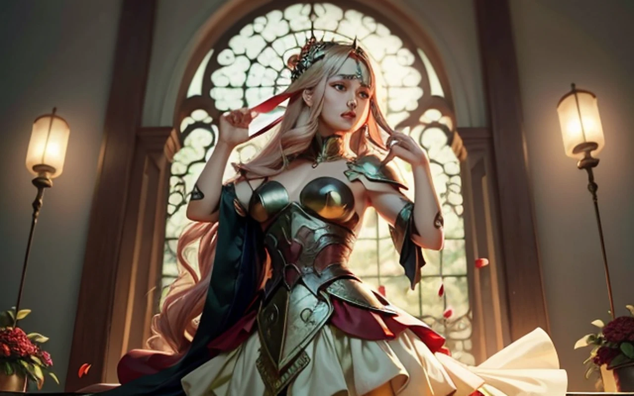 melhor qualidade, obra-prima, highres, (corpo requintado: 1.5), rosto lindo, (pele leitosa: 1.3), detalhes intrincados, alta resolução, papel de parede, 1menina, solo, vestido, ornamento de cabelo, (((vestido dourado e vermelho))), flores, cabelo longo, cabelo castanho, boca fechada, joias, mangas longas, hand up, mangas largas, um rosto mais detalhado,, olhos grandes, cabelo flutuante, roupas chinesas, hanfu, bordado, saia longa, pose natural, petals falling, interior, fanning, lanterna, 16K, HDR, highres, campo de profundidade, (grain of film: 1.1), boken, hora dourada, (lens flare), vinheta, rainbowart, (color classification: 1.5)