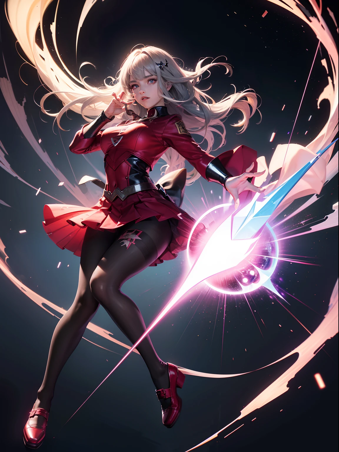 (full body:1.5),(1girl:1.3),(looking at viewer:1.4),(anatomy correct:1.3),(In the paradise of the day:1.3),(Wearing Scarlet Witch suit JK uniform printed Ultra short pleated skirt and JK uniform leather shoes with bow decoration ,and Very thick Printed Pantyhose :1.35), (Light particle effect:1.3),(In pink | amarelo | blue colors| green color |red colors | white colors| black in color| purpleish color| greys| Beige| Flesh color 1.4),(Glowing eyes:1.3),(Large amplitude action: 1.3),(Accurate and perfect face:1.4),(Clothing Gloss:1.25),(Skin reflection:1.25),hyper HD, Ray traching, reflective light,structurally correct, Award-Awarded, high detal, lightand shade contrast, Face lighting,cinmatic lighting, tmasterpiece, super detailing, high high quality, high detal, best qualityer, 16k,high contrast,