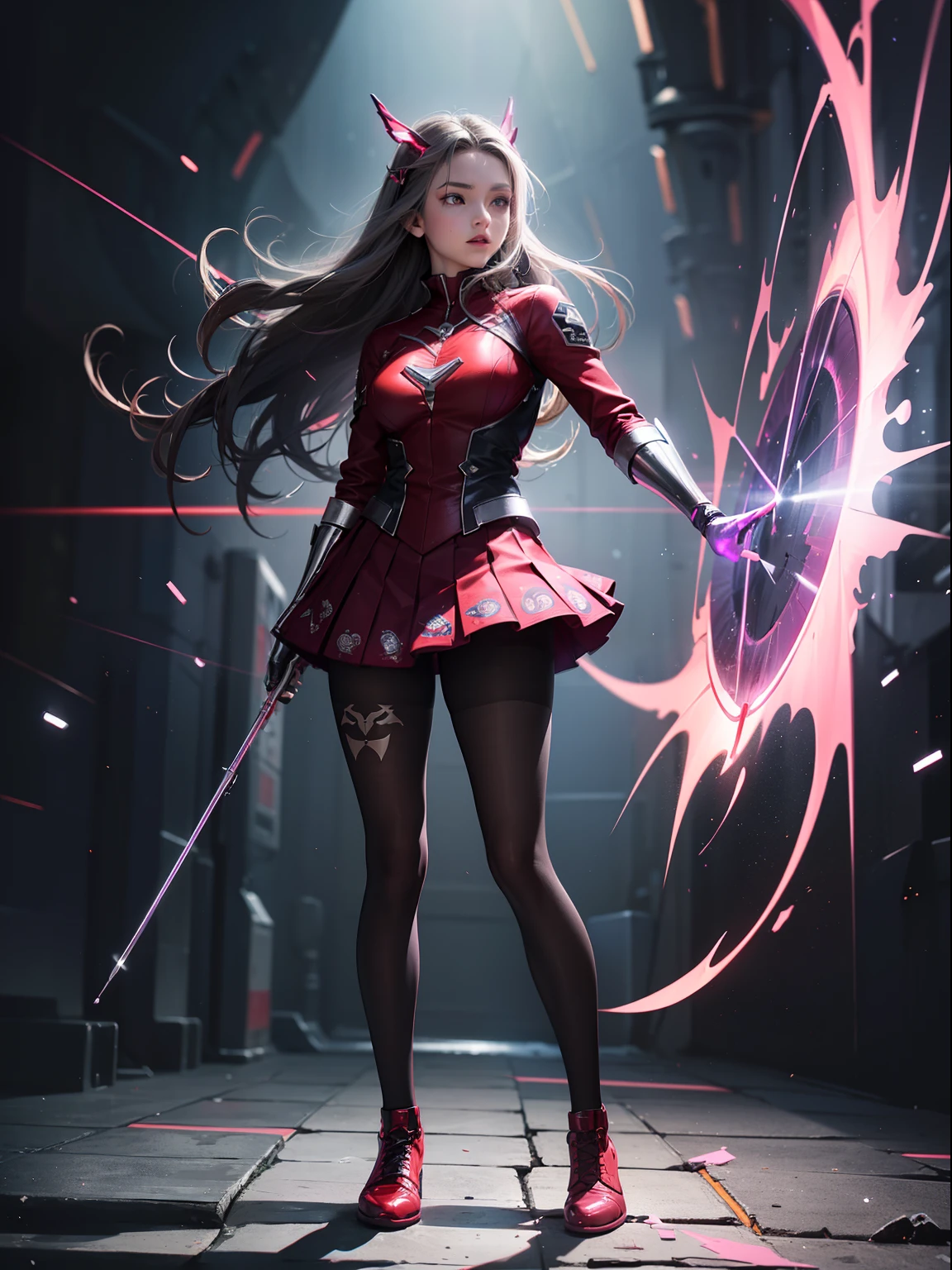 (full body:1.5)，(1girl:1.3),(looking at viewer:1.4)，(anatomy correct:1.3)，(In the paradise of the day:1.3),(Wearing Scarlet Witch suit JK uniform printed Ultra short pleated skirt and JK uniform leather shoes with bow decoration ，and Very thick Printed Pantyhose  :1.35), (Light particle effect:1.3),(In pink | amarelo | blue colors| green color |red colors | white colors| black in color| purpleish color| greys| Beige| Flesh color 1.4)，(Glowing eyes:1.3),(Large amplitude action: 1.3)，(Accurate and perfect face:1.4),(Clothing Gloss:1.25),(Skin reflection:1.25),hyper HD, Ray traching, reflective light，structurally correct, Award-Awarded, high detal, lightand shade contrast, Face lighting，cinmatic lighting, tmasterpiece, super detailing, high high quality, high detal, best qualityer, 16k，high contrast,