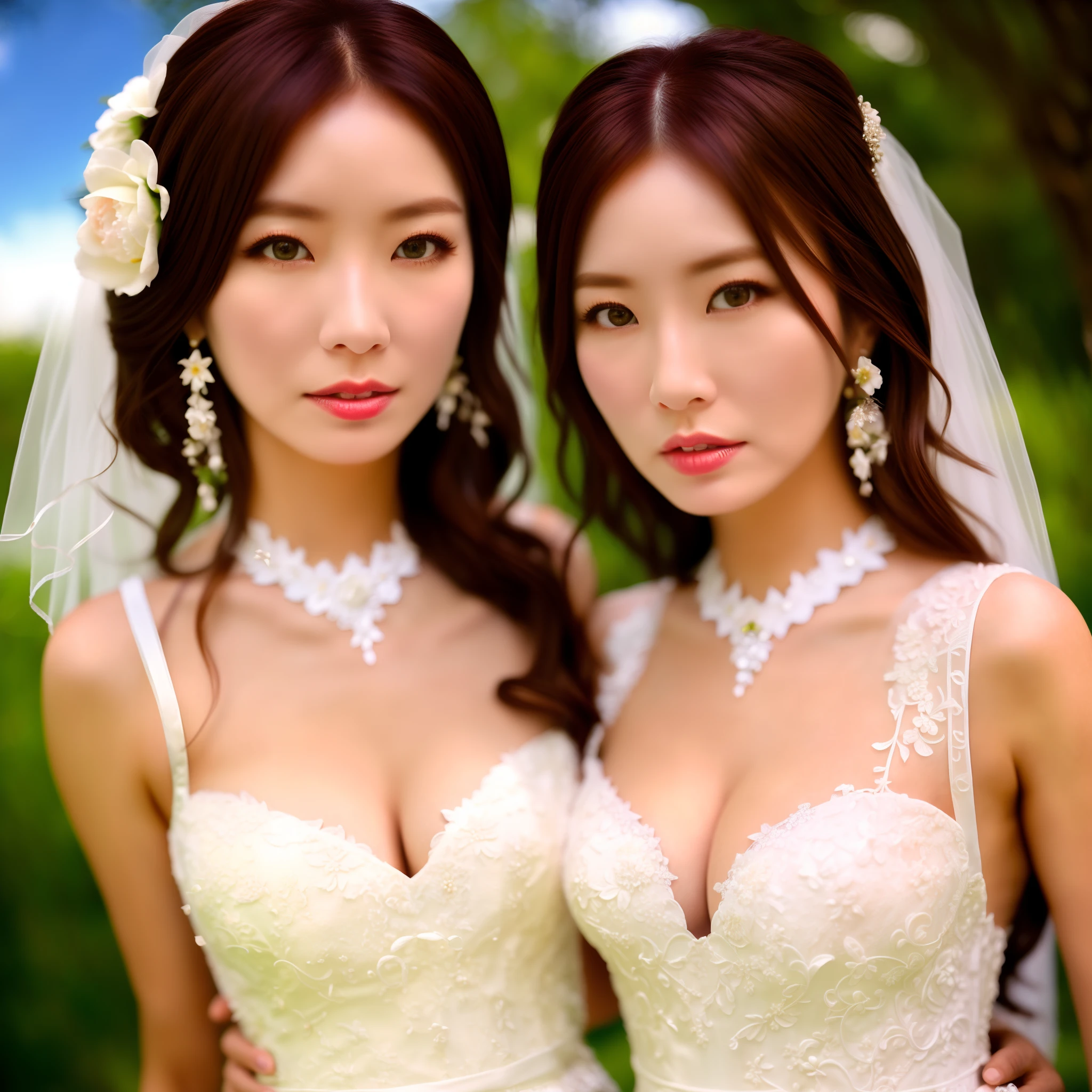 (​masterpiece), (top-quality), (top-quality), ​masterpiece, retinas, Anatomically correct, Textured skin, Super Detail, high details, High quality, awardwinning, Best Quality, hight resolution, ultra wide-angle, looking in camera, Lots of details, Detailed drawing, milky skin, Soft and soft skin, 真实感, realisitic, beautiful countenance, face perfect, Symmetrical face, Proportional body, (realisitic, Photorealsitic:1.37), (Background with blurred depth of field), (detailedbackground:1.25), (Hair growth:1.25), 1girl in、独奏、huge-breasted、is standing、cowboy  shot、Lift the hem of the dress yourself、((weddingdress))、cleavage of the breast、garden、sunlights、pluma、flower petals、white_Dress