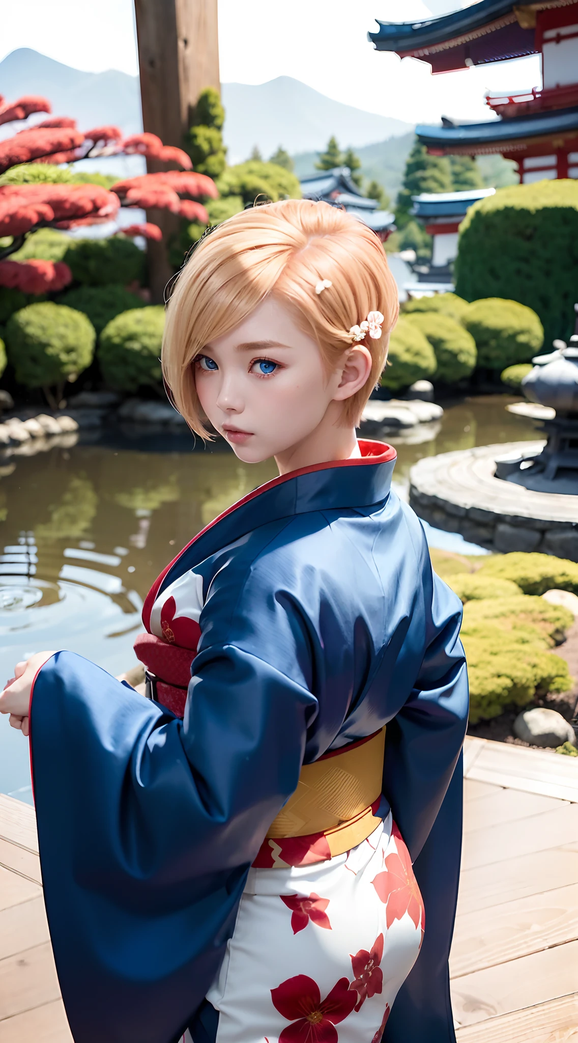 "(((1 girl, wearing a beautiful red kimono, with short blond hair, and striking blue eyes, hidden fingers))), striking dynamic poses in a manga style, showcasing a cute pose, japanese garden background"