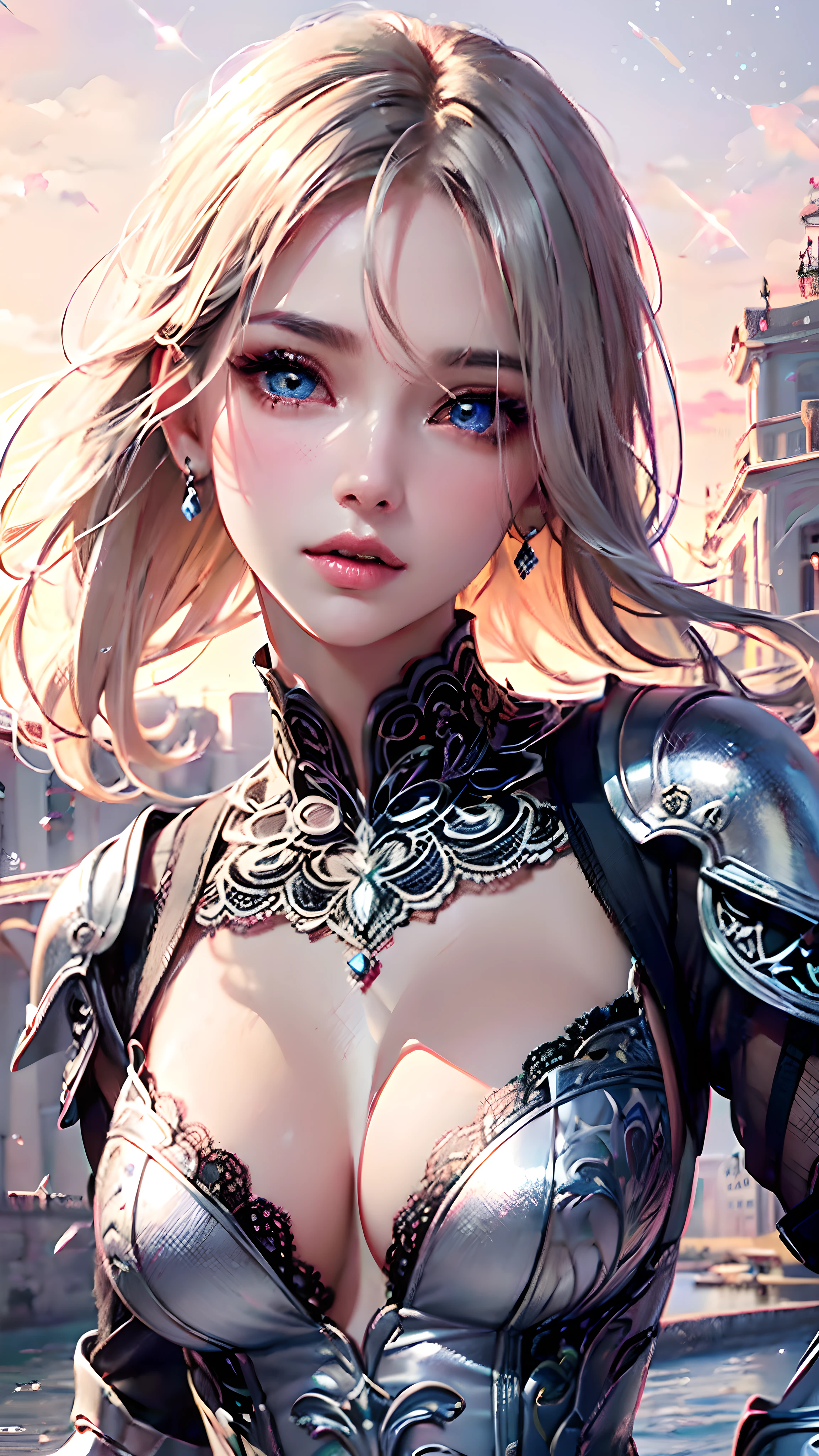 Realistic, Hyper Detail, Girls Only, Layered Bob, Dynamic Lighting, ((Bold imaginative pose)), (Glossy skin: 1.5), Masterpiece, Top Quality, Absurdity, Watching Viewer, (blonde hair, pink gradient hair), deep Purple Clear Eyes,((Beautiful, detailed eyes, jewel-like eyes, colorful eyes, sparkling eyes:1.3)), Slender, High Resolution, Sharp Focus, Depth of Field, Detail Eyes, Sharp Eyes, (Realistic Eyes)), outdoors, sunrise sky, (attractive delicate design river trimmed lace dress, (intricately patterned silver armor wearing): 1.3))