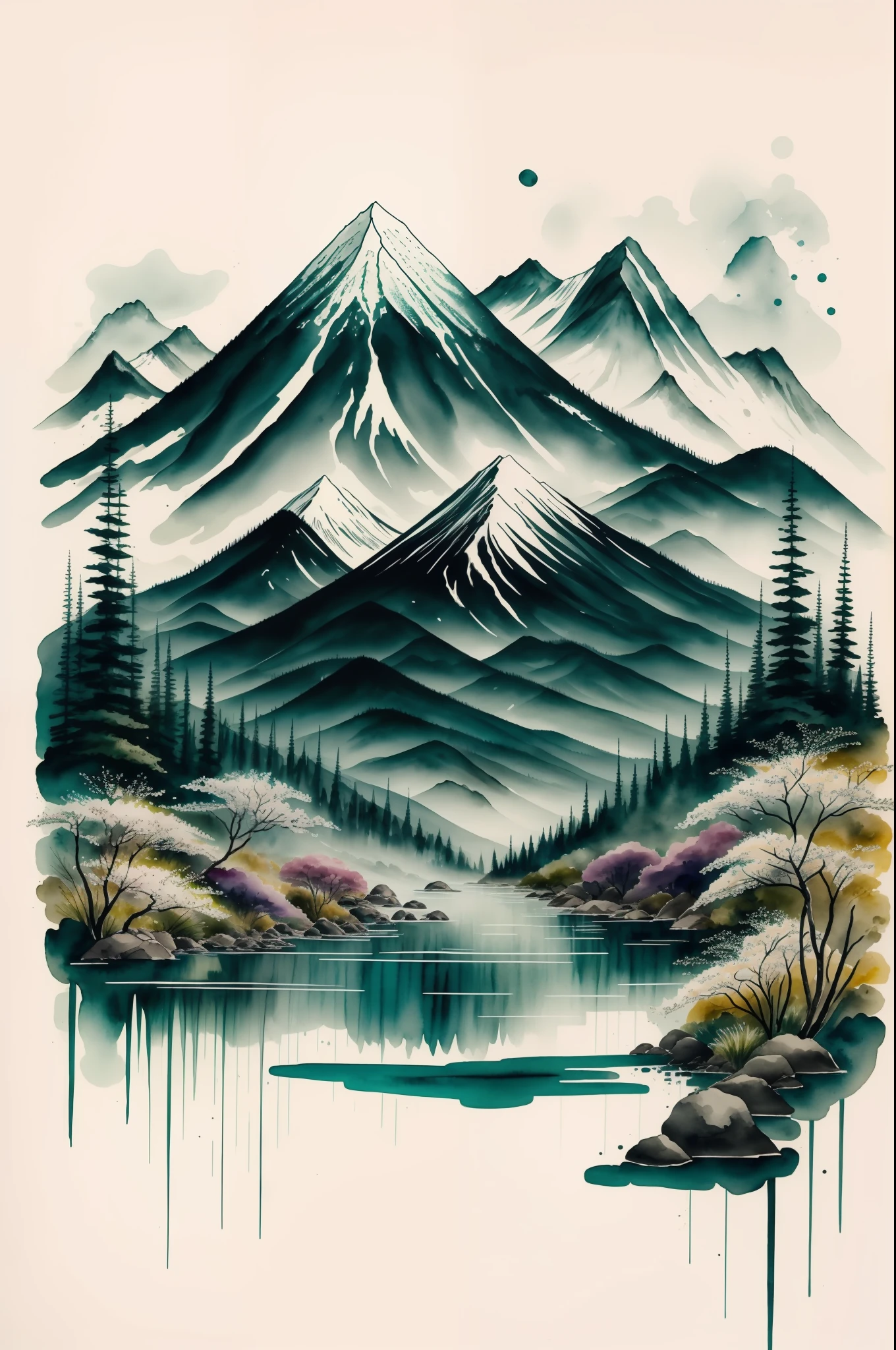 ink and watercolor painting，mountain water，Stepping spring diagram，Green Mountains and Green Water，the trees