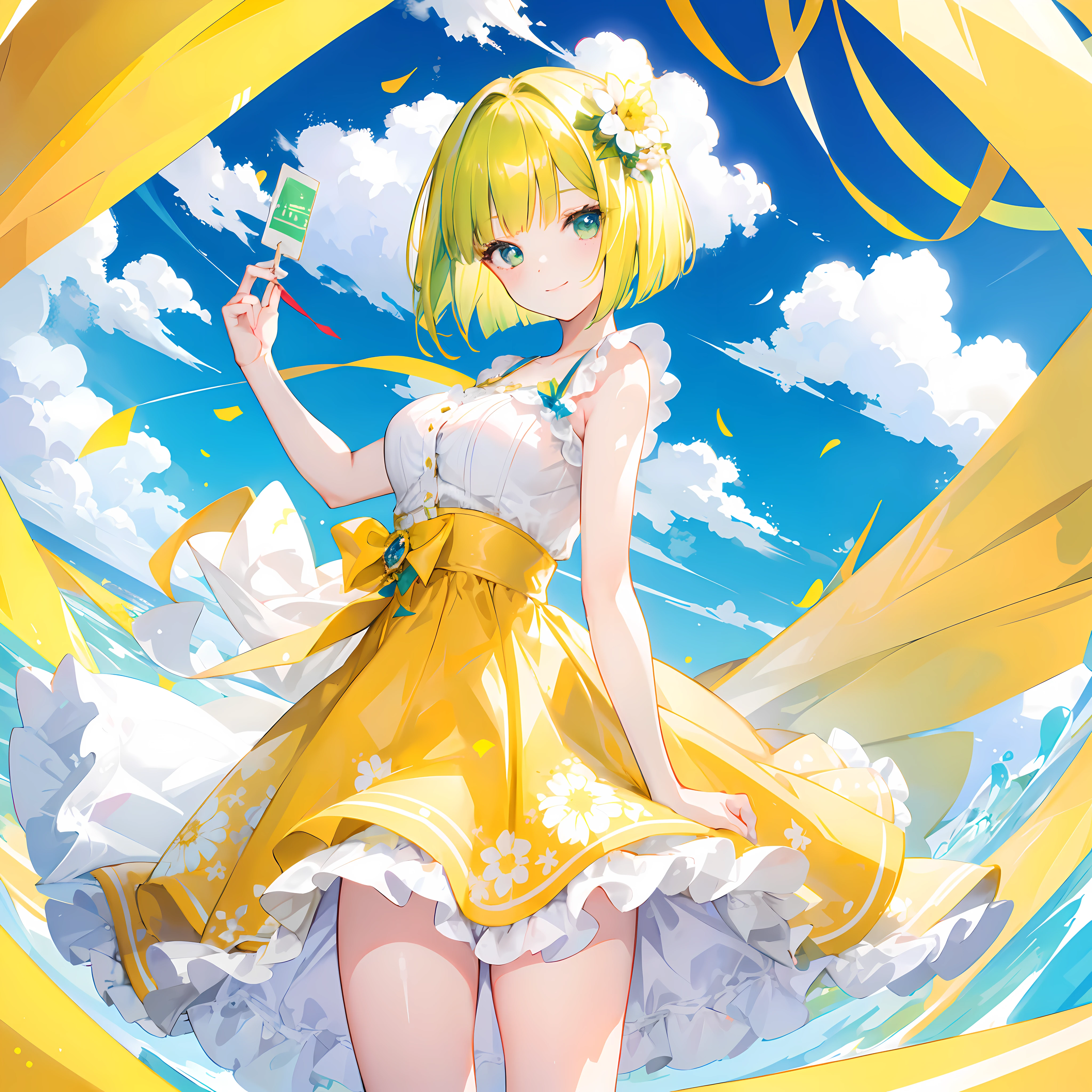 1 girl, very beautiful, clean white skin, big beautiful eyes, 22 years old, bob cut, yellow-green hair, break,OOTD,shyly smiling:1.1