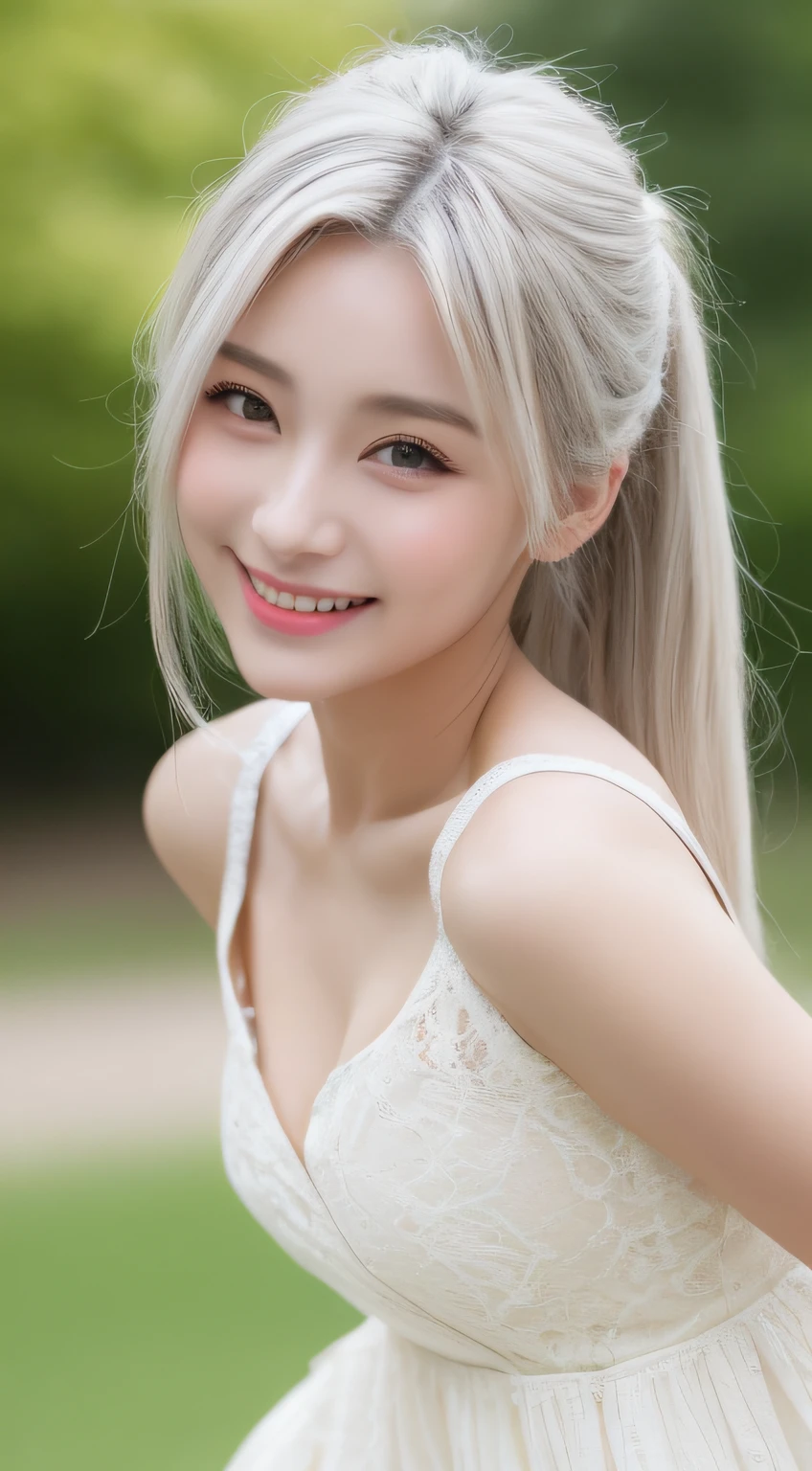 (top-quality、8K、masterpiece:1.3))、(1人:1.4)、1girl、Korean female、goddes、25-years old、Portrait photos、highly contrast、God near and far、aperture F1.2、Focal length 24mm、(full bodyesbian:1.2)、a smile、pose for photo、Fine Lace、Slip Dress、Simple Cut Dresses、Branded Dresses、Simple Cut、cabelos preto e longos、Hair tying、Ultra-detailed skin details、Detailed fabric texture cute、Pony tail、white hair、huge tit、a smile、kawaii