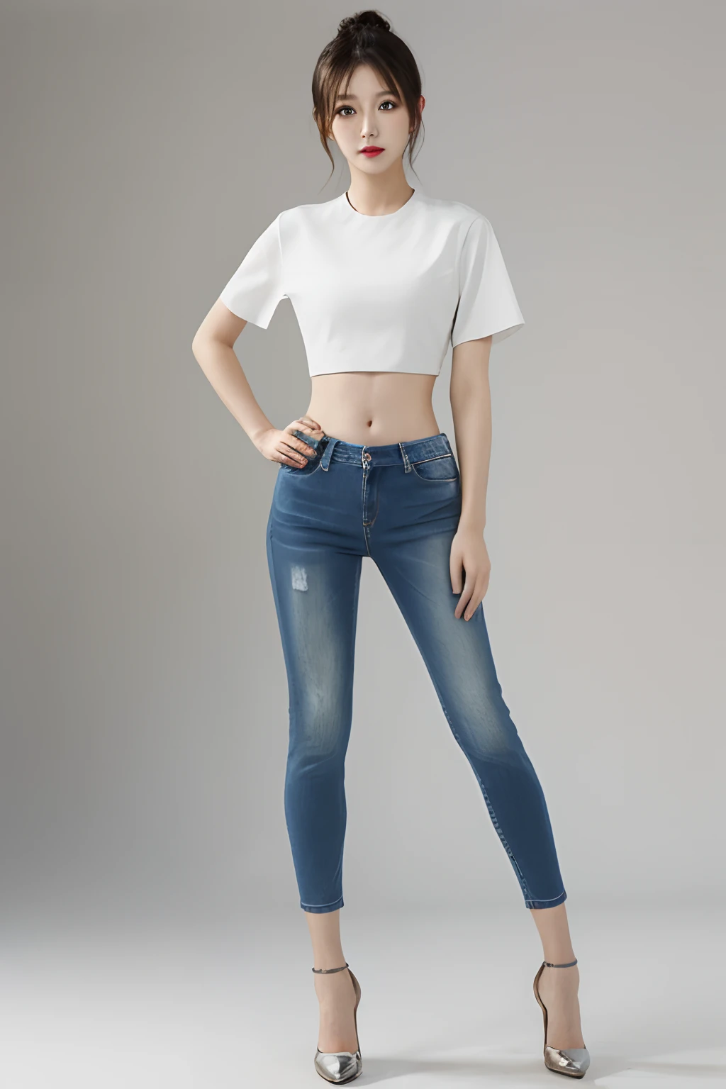 skinny jeans,1girl,moyou,full body,standing,Pure white background,professional photograph,crop top,