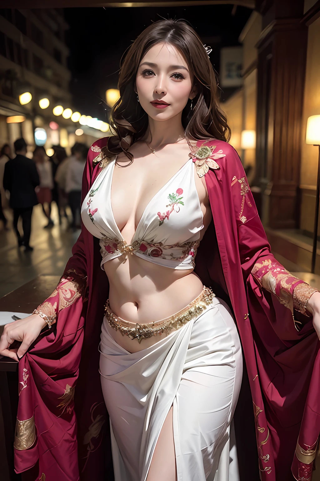(back focus),(in the darkness nigth:1.6),Surrealist portrait of a middle-aged married woman by David Hockney and Alphonse Mucha,((Belly Dancer Costume White))、Sexy white dancer costume、(((Japan Woman, 50 years old)))、(((A sexy mature girl)))、queen、(Sexy Married Woman)、( Exposed)、((Royal Pool)),Fantasyart,((Brown medium wavy hair))、((Sexy white belly dancer costume with small cloth))、photographrealistic,动态照明,art stations,poster for,curvy model, curvy body, thick body, (Breasts are big), goddes, Beautiful body, amouranth, large breasts size, Better known as Amouranth、Volumetriclighting,extra detailed face,4 k'',((Colossal tits))、Beautifully embroidered award-winning white sexy belly dancer,With diamonds,Sexy thighs,Decorated with fine embroidered white belly dancer costumes and fine jewelry,exposing the abdomen ,Chest 1 Girl, In the Dark, deepshadow, low tune, Cowboy Shot,(official clothing:1.4), The eyes are confused and seductive,legs separated、((Breasts about to spill out of the dress))、My bra is about to tear