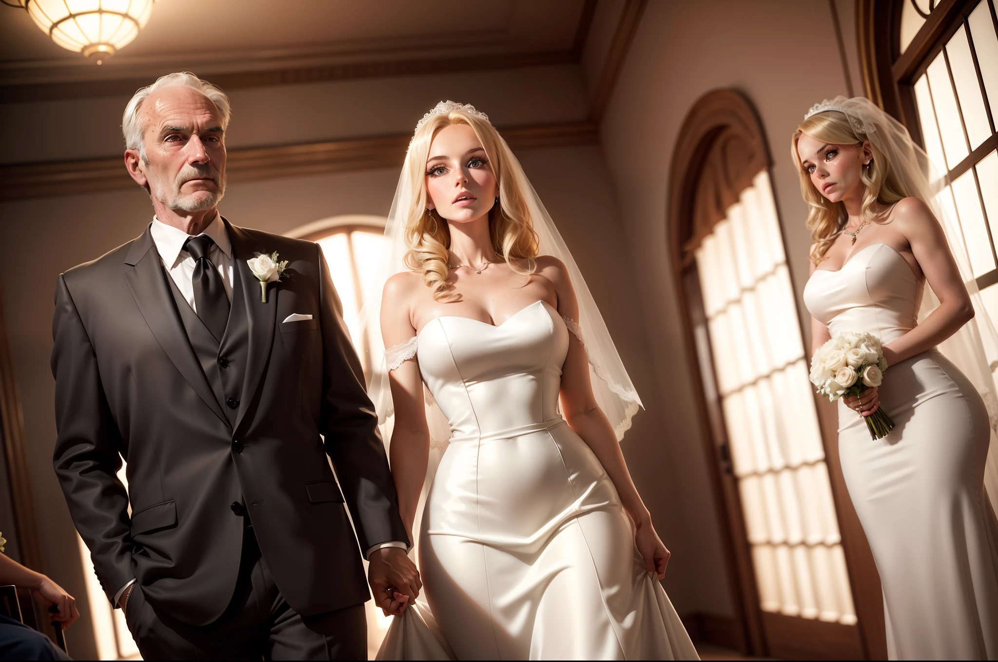very realistic and detailed 8k image of a 22-year-old woman, thin, pretty, blonde, in a wedding dress, in a discreet wedding ceremony, next to a 55-year-old man in a suit, 1960s setting