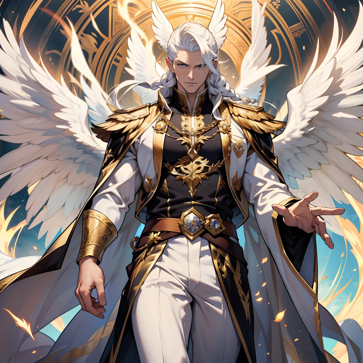 Caius is a handsome male, standing at 7 ft tall, he wears gold and white royal attire. His hair is long and white braided to the side. His eyes are golden brown. He has huge white wings. White Phoenix human form. Big bulge in pants. Detailed hands. Detailed body. Muscular male. He wears white clothes and holds a staff