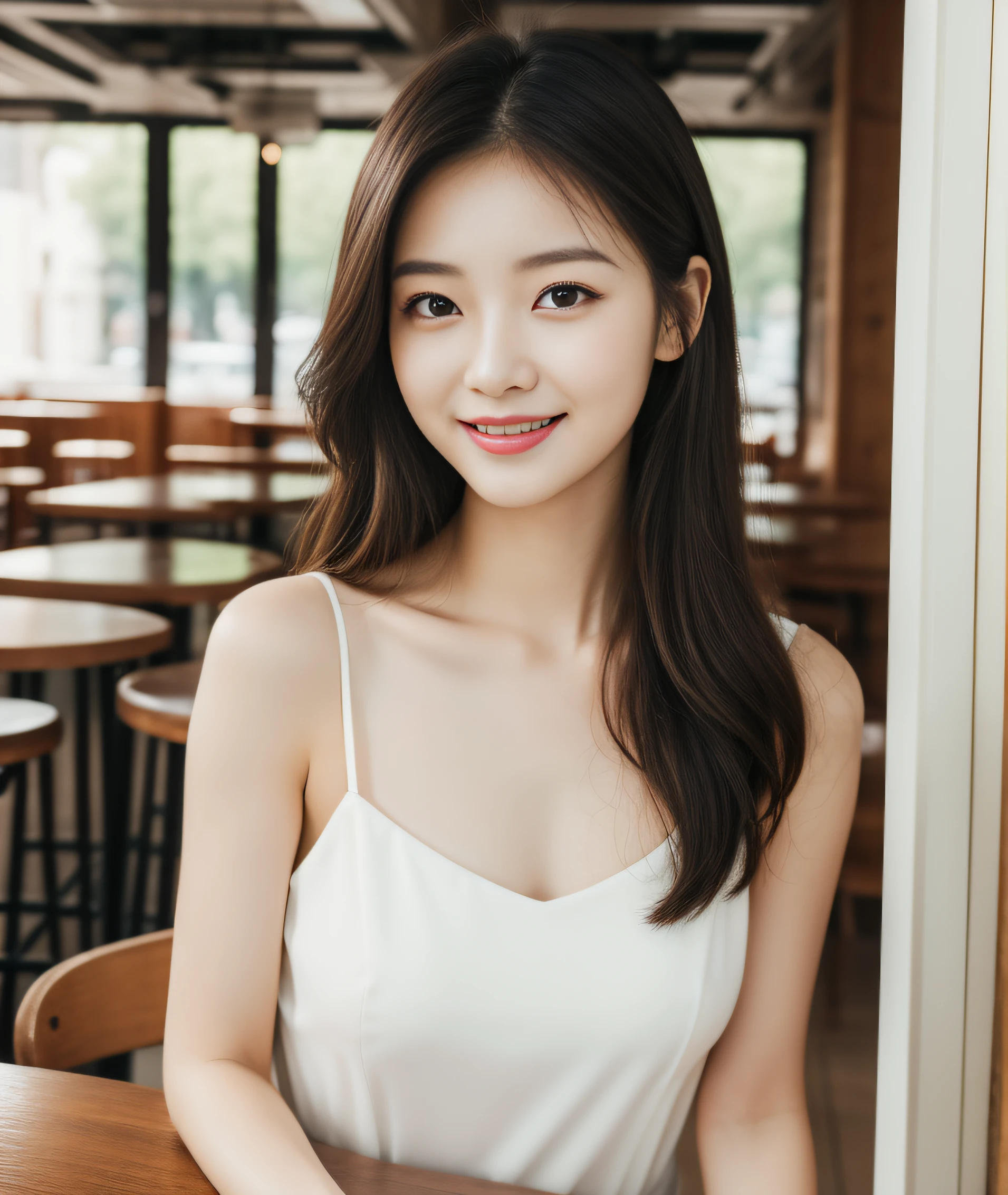 ((best quality, 8K, masterpiece: 1.3)), beautiful girl, pure, melon face, kind and cute, sweet smile, pure desire, slender body, (front), (tilted head), ((looking at camera) ), wearing a white dress, black silky medium hair, long flowing shoulders, round black big eyes, clear big eyes, moist red lips, sweet, sitting in a cafe, cafe background , ((whole body)),