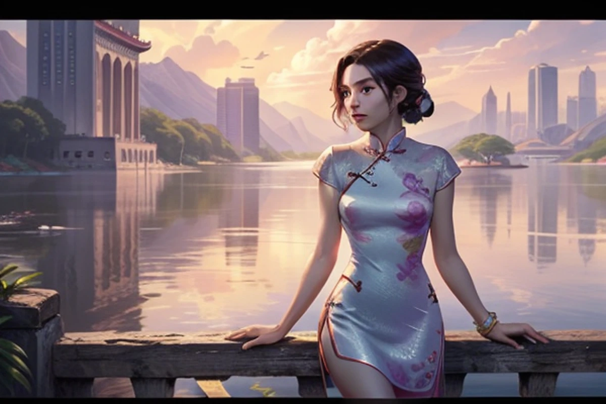 uma mulher, Usando (vestido de porcelana roxo (Cheongsam/Qipao):1.35 design por (A Companhia Hairoine):1.3), coberto , cara bonita, corpo inteiro, sorrir, boca fechada, ornamento de cabelo, com um colar, jewelries , cabelos longos, Brincos, fotorrealista, alta qualidade, fotografia, high resolution, 8k, (extremamente detalhado), intrincado, 8k, foco nítido. em uma paisagem, water, (extremamente detalhado CG unidade 8k papel de parede), A obra de arte mais bonita do mundo, professional majestic oil painting, intrincado, High detail, foco nítido, dramatic and photorealistic painting art.