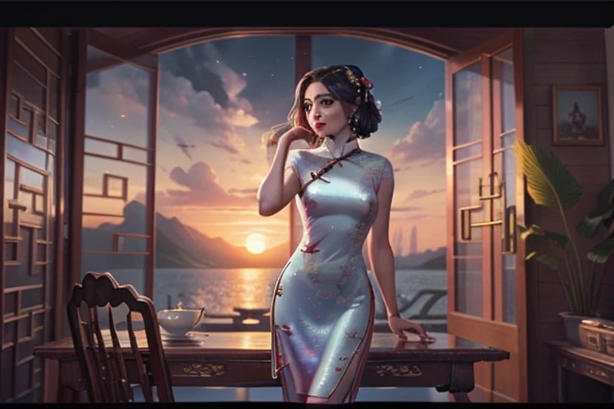 uma mulher, Usando (vestido de porcelana roxo (Cheongsam/Qipao):1.35 design por (A Companhia Hairoine):1.3), coberto , cara bonita, corpo inteiro, sorrir, boca fechada, ornamento de cabelo, com um colar, jewelries , cabelos longos, Brincos, fotorrealista, alta qualidade, fotografia, high resolution, 8k, (extremamente detalhado), intrincado, 8k, foco nítido. em uma paisagem, water, (extremamente detalhado CG unidade 8k papel de parede), A obra de arte mais bonita do mundo, professional majestic oil painting, intrincado, High detail, foco nítido, dramatic and photorealistic painting art.