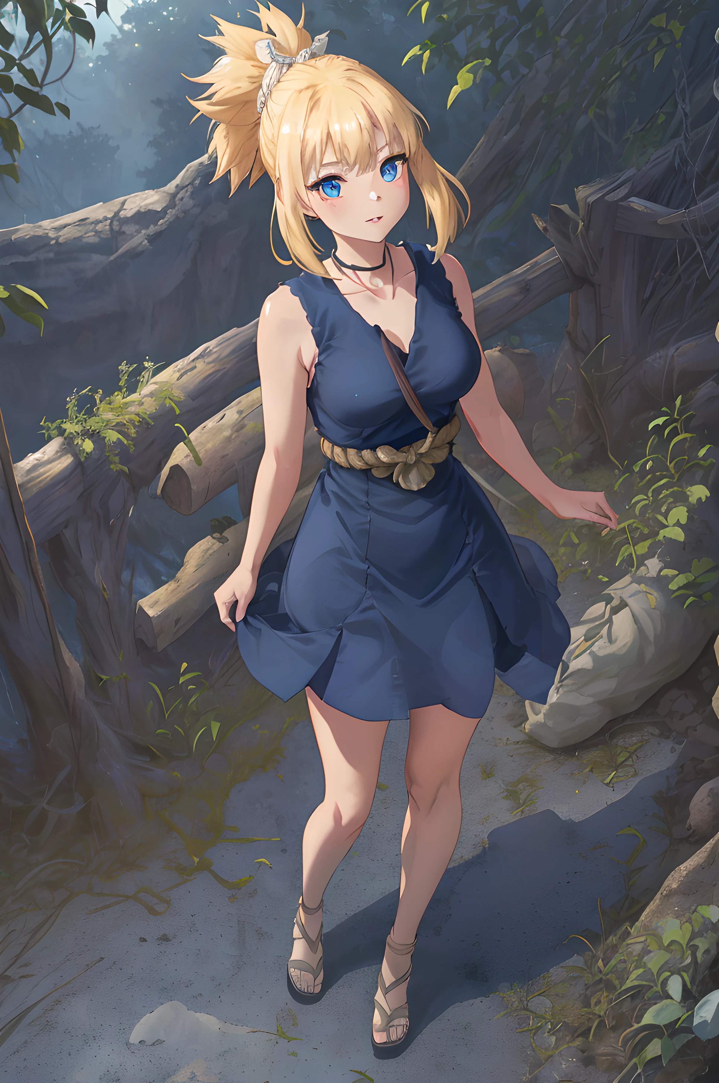 8k, raw camera, highres, detailed, masterpiece, portrait, photorealistic, hyperrealist, aesthetic, beautiful, best quality, highly detaile, best quality clothing, aesthetic clothings, professional angle, rule of thirds, Feminine, delicate, beautiful, 19 years, attractive Japanese, (solo), 1 girl, (Kohaku), (In Jungle), ((Full Body)), ((From Front) Shallow Depth of Field), Prehistoric World, ((Normal Mood)), (Medium Lenght Hair, Blonde Hair), (Pulled Back Hair, Pointed PonyTail Hair, Twin Locks on the Sides, Rope in Hair, Straight Hair), ((-)), (Blue Eyes, Open Eyes, Cheerful Gaze), (Blushed, Arms Down, Hands Down), ((Standing), Mouth Closed), -, -, (Average Bust), ((Navy Blue Short Dress, Rope Belt, Knot in Front)), (Semi-Ripped Dress, Sewn Dress, -), (SleeveLess, V-Neckline), beautiful body, beautiful eyes, shiny eyes, shiny hair, beautiful mouth, beautiful lips, beautiful skin, beautiful face