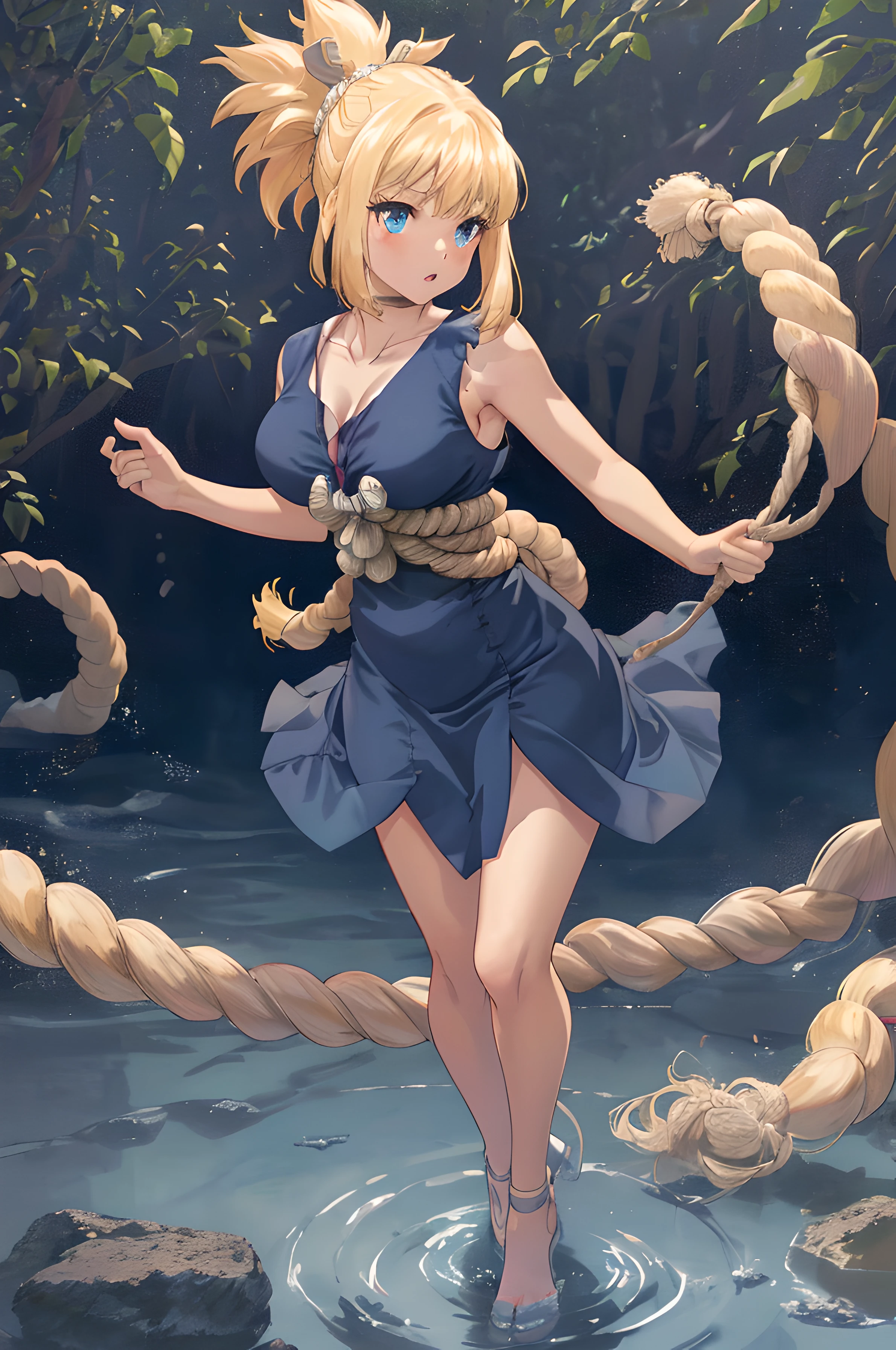 8k, raw camera, highres, detailed, masterpiece, portrait, photorealistic, hyperrealist, aesthetic, beautiful, best quality, highly detaile, best quality clothing, aesthetic clothings, professional angle, rule of thirds, Feminine, delicate, beautiful, 19 years, attractive Japanese, (solo), 1 girl, (Kohaku), (In Jungle), ((Full Body)), ((From Front) Shallow Depth of Field), Prehistoric World, ((Normal Mood)), (Medium Lenght Hair, Blonde Hair), (Pulled Back Hair, Pointed PonyTail Hair, Twin Locks on the Sides, Rope in Hair, Straight Hair), ((-)), (Blue Eyes, Open Eyes, Cheerful Gaze), (Blushed, Arms Down, Hands Down), ((Standing), Mouth Closed), -, -, (Average Bust), ((Navy Blue Short Dress, Rope Belt, Knot in Front)), (Semi-Ripped Dress, Sewn Dress, -), (SleeveLess, V-Neckline), beautiful body, beautiful eyes, shiny eyes, shiny hair, beautiful mouth, beautiful lips, beautiful skin, beautiful face