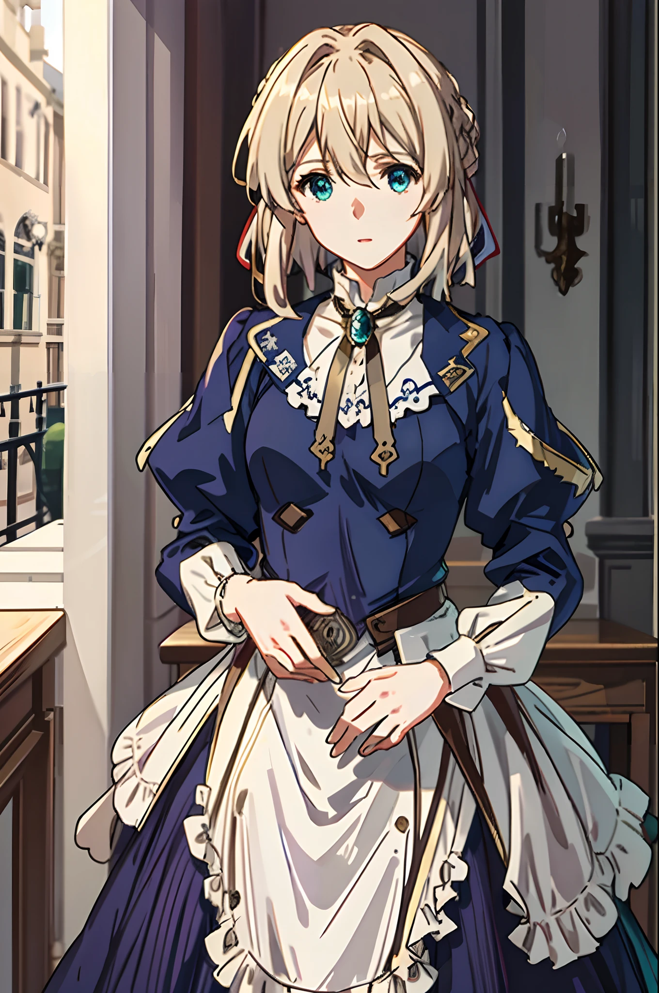 Upper body,  Solo, Violet_evergarden, jewelry, Blonde updo hair with ribbon, Long sleeves, corsage, ribbon, aqua eyes, Jacket, dress, Emerald, Town, hill, Sunset Street,