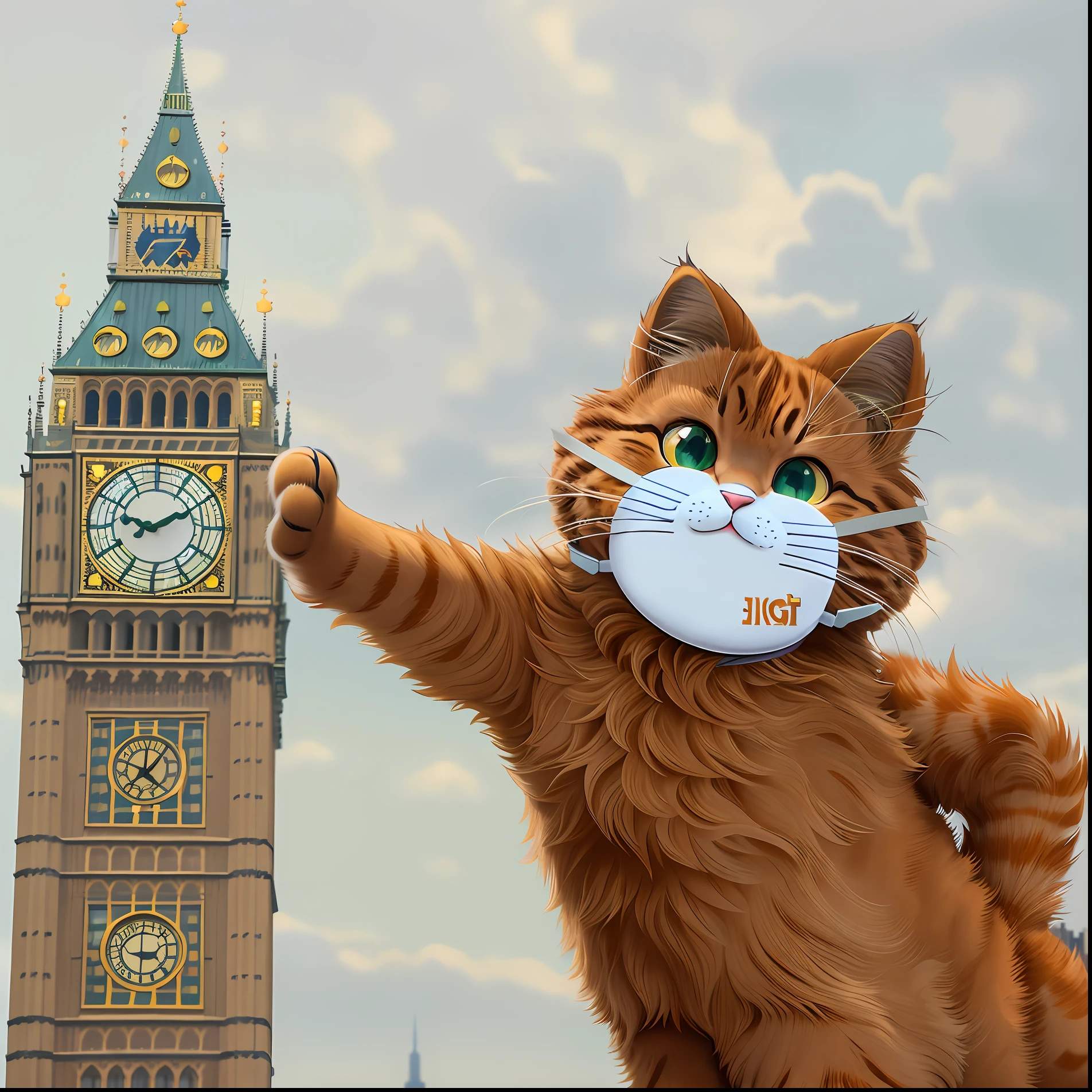 Alawi cat wearing a mask on his face in front of the clock tower, with garfield the cartoon cat, garfield the cat, Garfield, 🐋 as 🐘 as 🤖 as 👽 as 🐳, Big Ben is in the background, new cats movie, ginger cat in mid action, cat attacking tokyo, Pixar coronavirus movie,