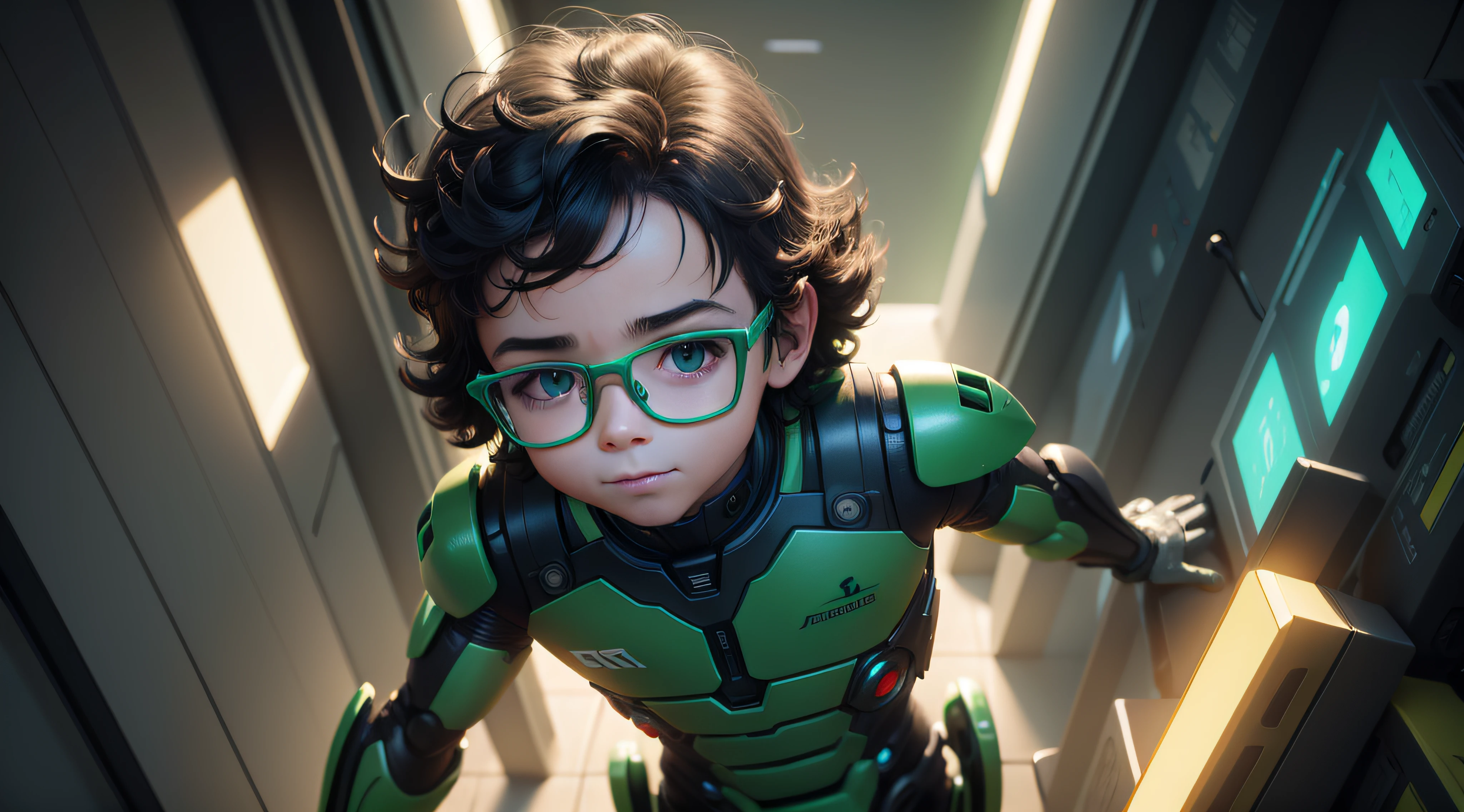 Create a picture of happy little boy standing, de corpo inteiro, em um parquinho em uma pose heroica, com cabelos castanhos ondulados, green frame glasses, Robotic and futuristic clothing of green colors, 6 anos de idade, rosto com detalhes perfeitos, estilo animado pixar, Maximum quality design, clipart, full illustration, 4k, foco nítido, liso, arte conceitual, 8K Octane rendering, 3d