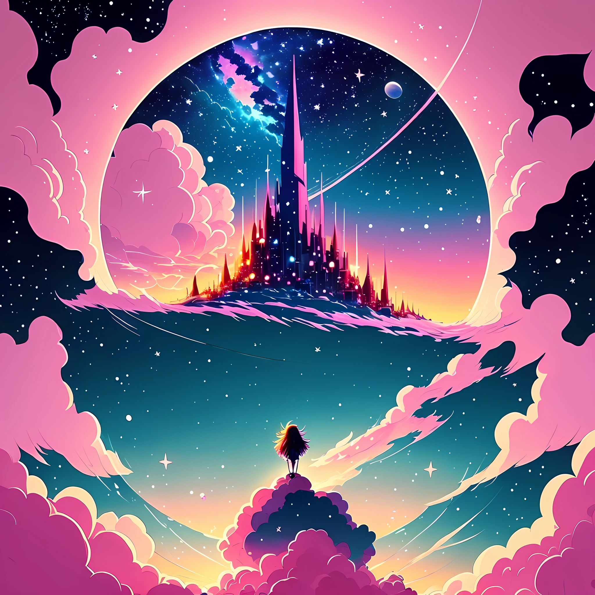 Anime - a doji in the sky，Beautiful pink very bright stars，Beautiful sky with dark and chaotic stars and planets，Cosmic sky style scene。Written by Makoto Shinkai， anime art wallpaper 4k， Anime art wallpaper 4 K， Anime art wallpaper 8 K， anime wallpaper 4k， Anime wallpapers 4 k， 4k anime wallpaper， Anime Sky， amazing wallpapers， anime backgrounds， heaven planet in background， Anime background art