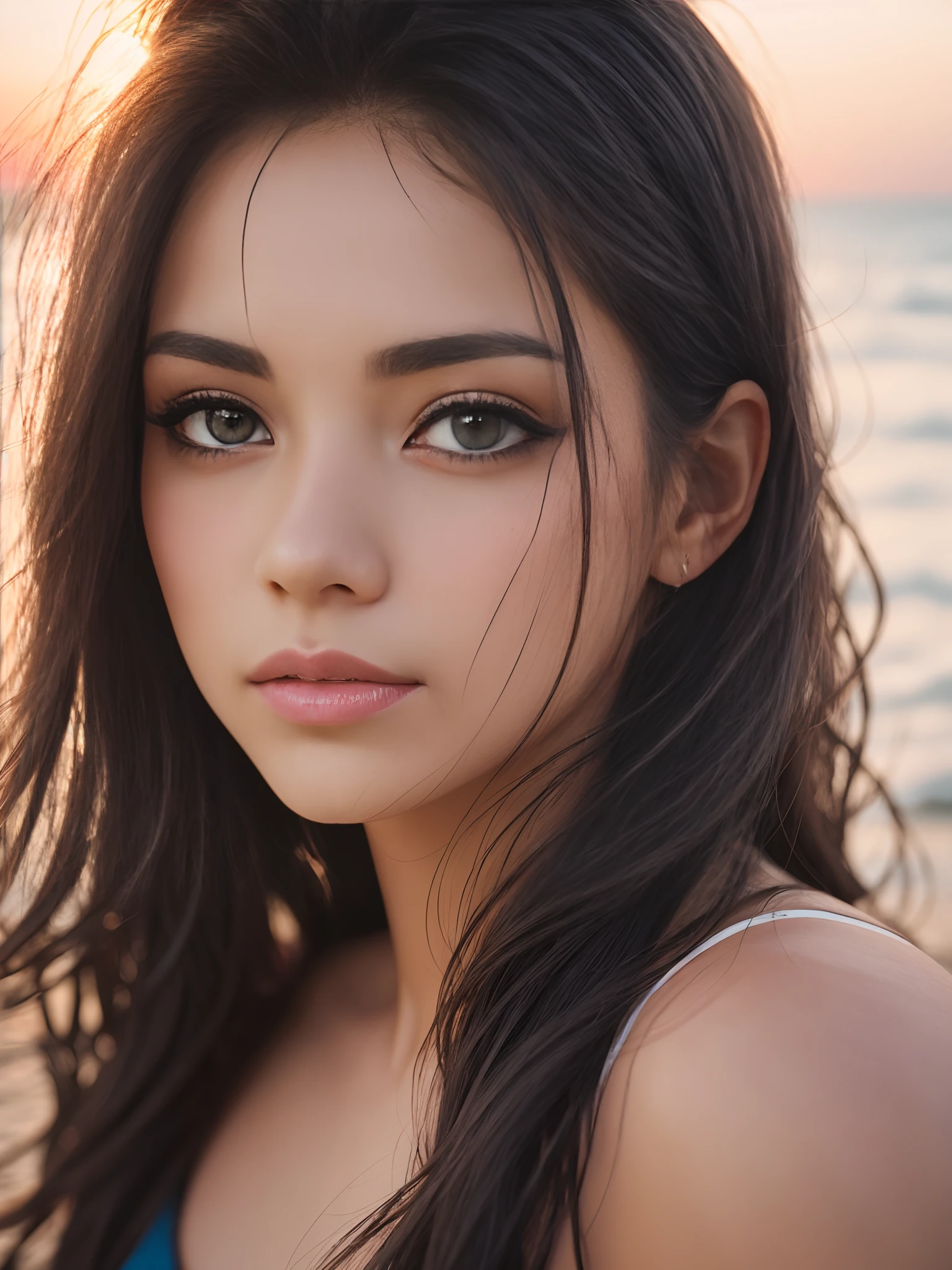 extremely beautiful woman, extremely detailed face, long, long hair, black hair, looking at the sunset on a beach,,deep photography,llford HP5 film,crushed blacks,depth of field,dark photo,filmic grain,shadows,natural light --auto --s2