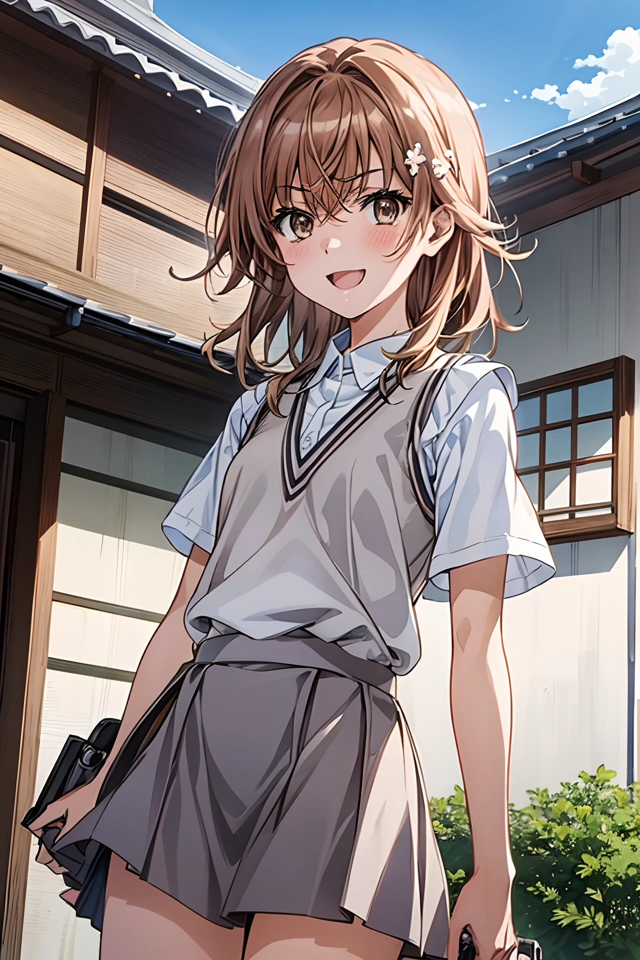 Misaka_mikoto, 1 persons, 独奏,
(illustratio:1.1)、(Top image quality)、(​masterpiece:1.1)、(beautiful and clear background:1.25)、(the Extremely Detailed CG Unity 8K Wallpapers:1.1)、(colourfull:0.9)、(depth of fields:0.75)、(Ink splashing:0.95)、(color splashes:0.85)、(watercolor paiting:0.65)、
(cowboy  shot:1.4)、(校服:1.4)、:D、耳Nipple Ring、up looking_で_viewer、outside of house、Sunnyday、detailed blue sky、((grey miniskirt))、(White shirt with short sleeves)、Light Brown Sleeveless Cardigan、