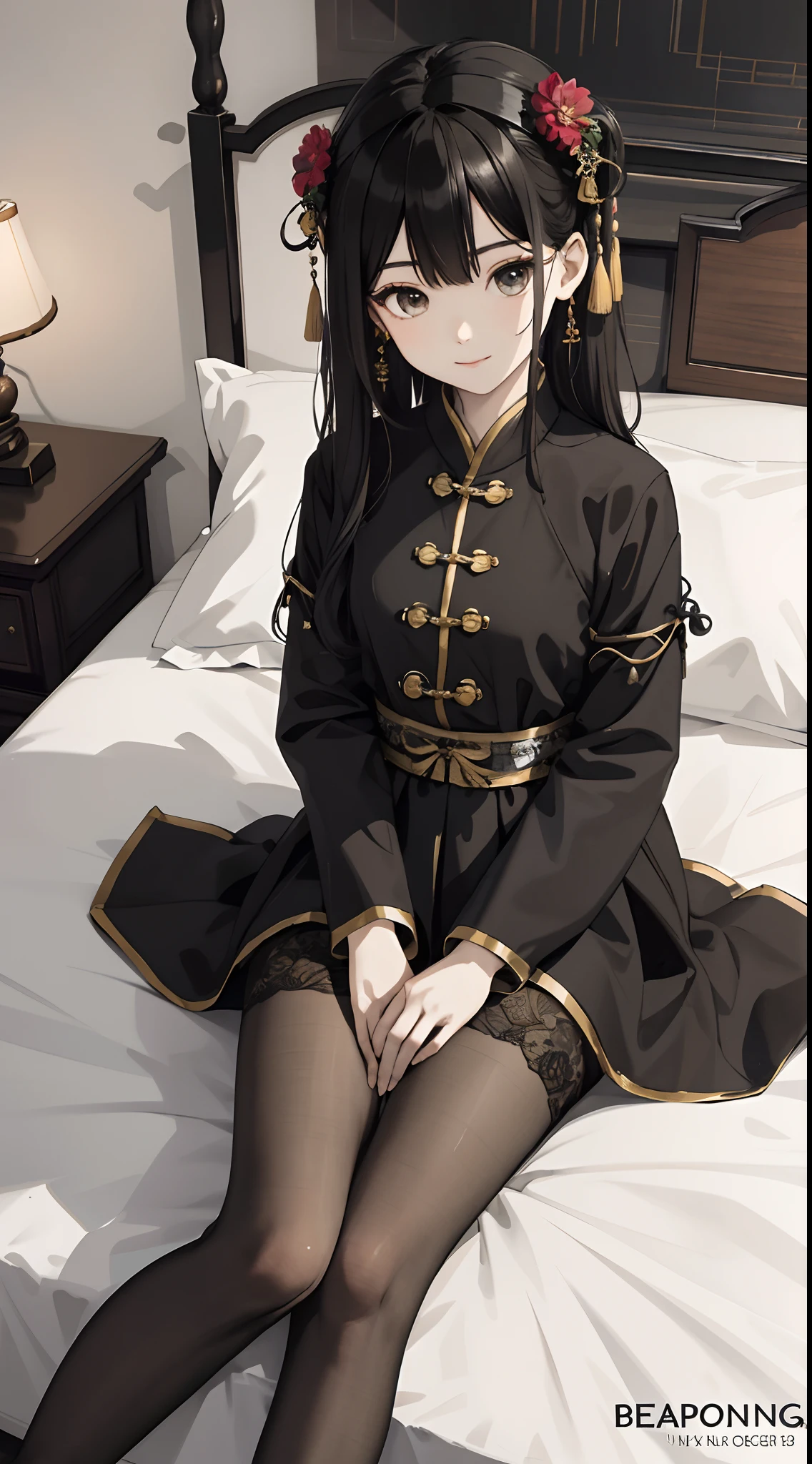 hoang lap,A high resolution,ultra - detailed,photo-realistic(1girll:1.3),handpainted,Simple lines, wearing black Chinese clothing,beuaty girl,sit on a bed,tmasterpiece,floating clothes,black pantyhoses,black pantyhoses,ssmile,looking toward the viewer,Large round chest,Hands between your legs