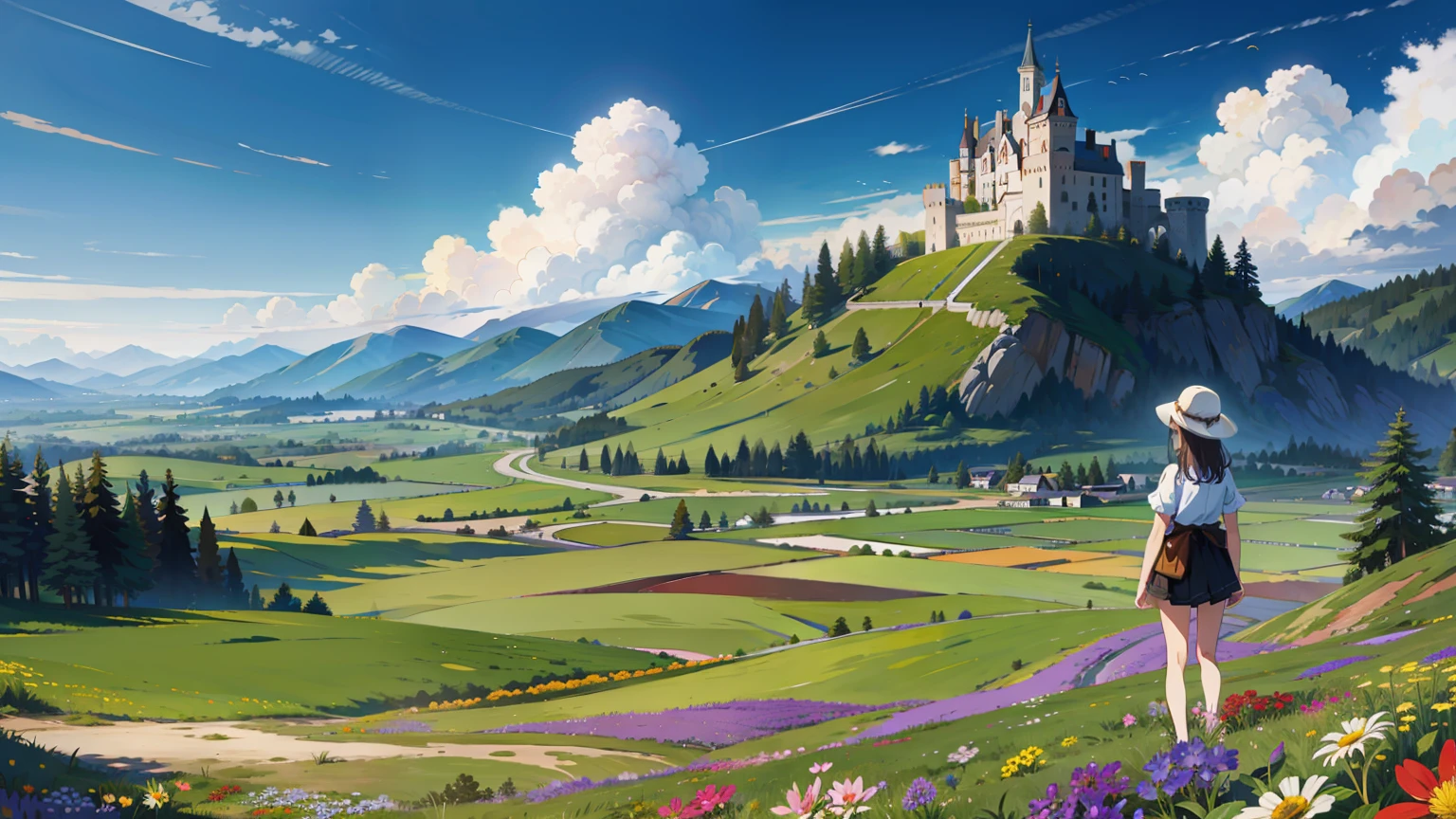 flat land, Mountain, (Castle:1.1), Grass, (flower  field:1.3), 1 girl back,