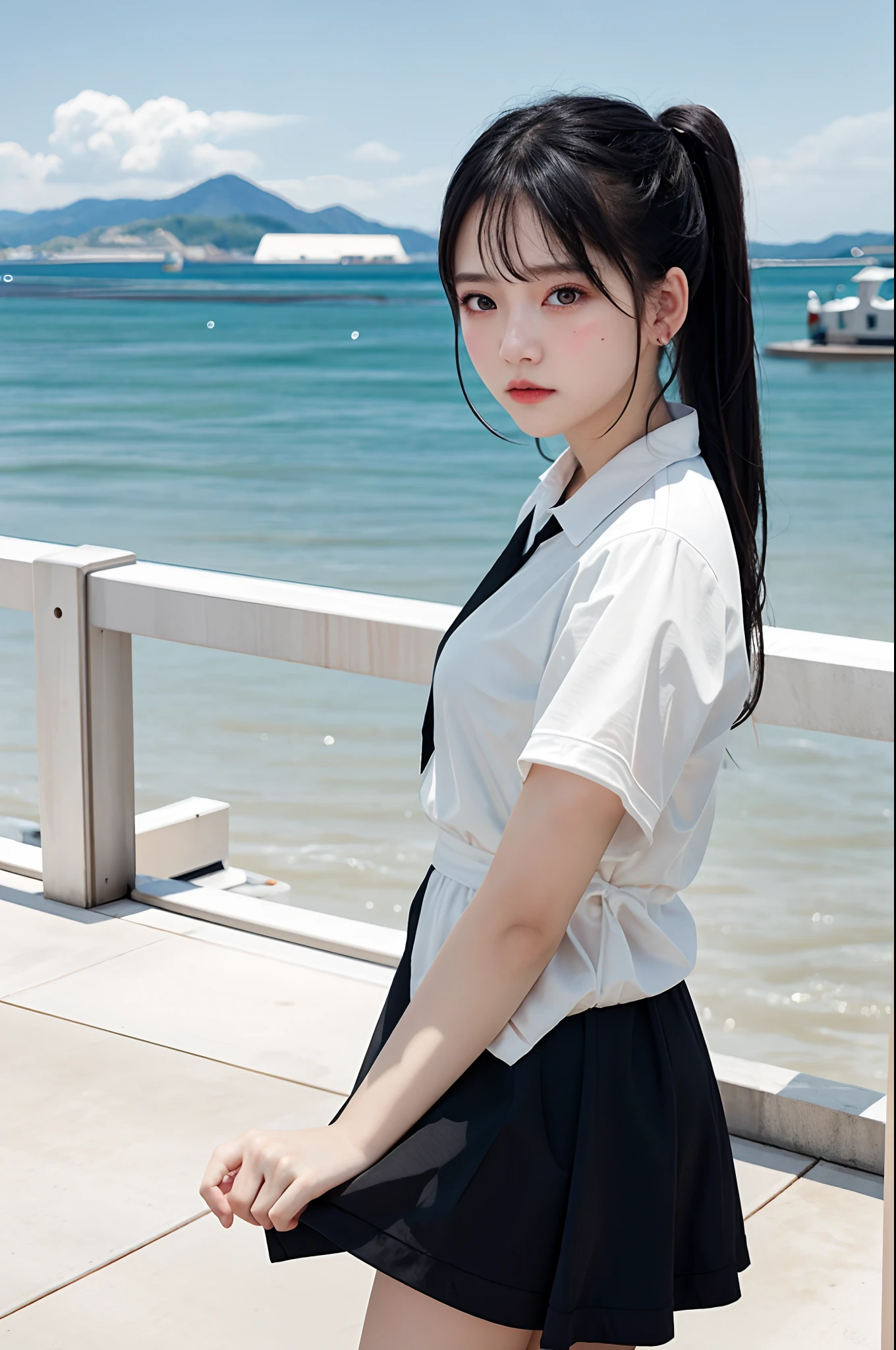 Standing side by side on the bridge, Guvez style artwork, inspired by Yanjun Cheng, Loish and Ross Tran, high-quality portraits, realistic portrait photos, photographs taken by Yanjun Cheng, photorealistic!!!!!!! Art style, Loish and WLOP, popular in CGSTATION, Yanjun Cheng, WLOP and Sakimichan temperament girl, delicate facial features, bangs, black ponytail, messy hair, hair is very realistic, wearing white clothes, background is sky, sea view, Du Qiong, exquisite makeup, light red lips, big eyes, double eyelids, black holes, bright eyes, symmetrical face, very real face, detailed portrayal of the girl's face, blush, Super high appearance, looking at the audience, very realistic skin, skin oil reflection, artwork, clothes with real fabric texture, realistic painting, film style, photography level, ray tracing, real light and shadow effects, realism, masterpieces, like the top photographic effects, 8K