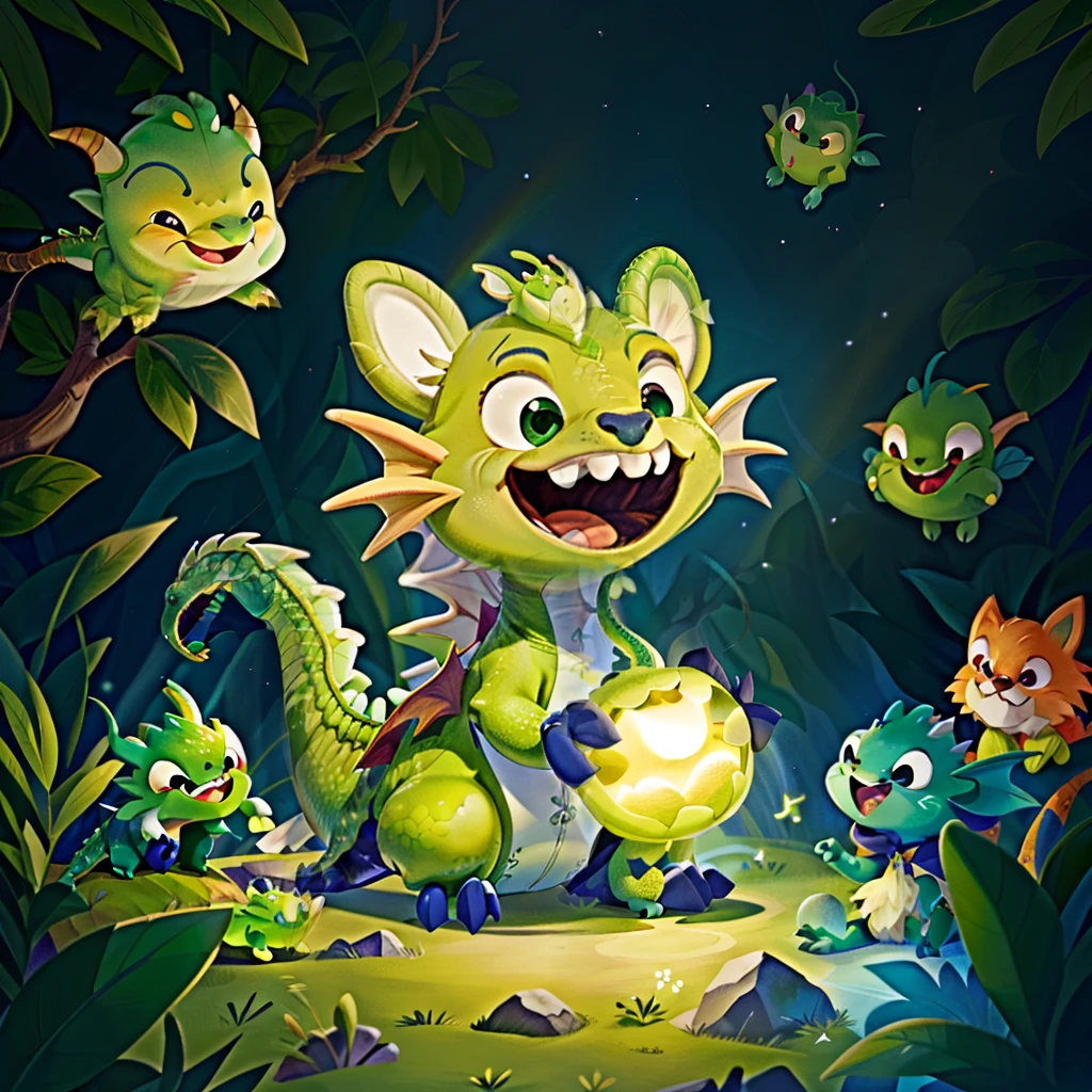 Cute light green dragon, sorridente voando com uma brisa fina sobre um reino de contos de fadas, cheio de criaturas magicas, fofo, bonito sorridente, Amicable, children's stories for young children