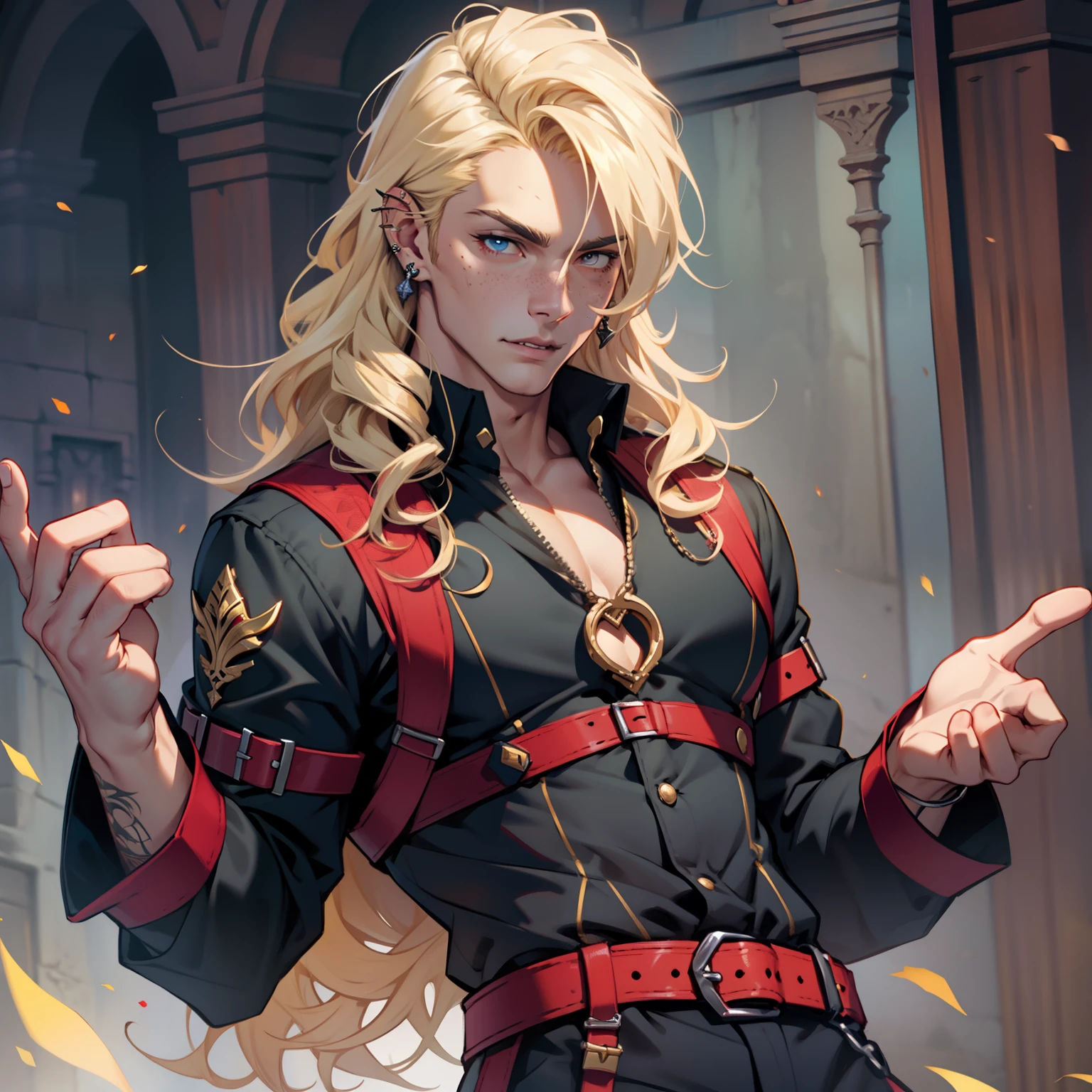 Handsome vampire male. Ash blonde hair. Long curly hair. Royal attire. Chest harness. Freckles. Piercings. G