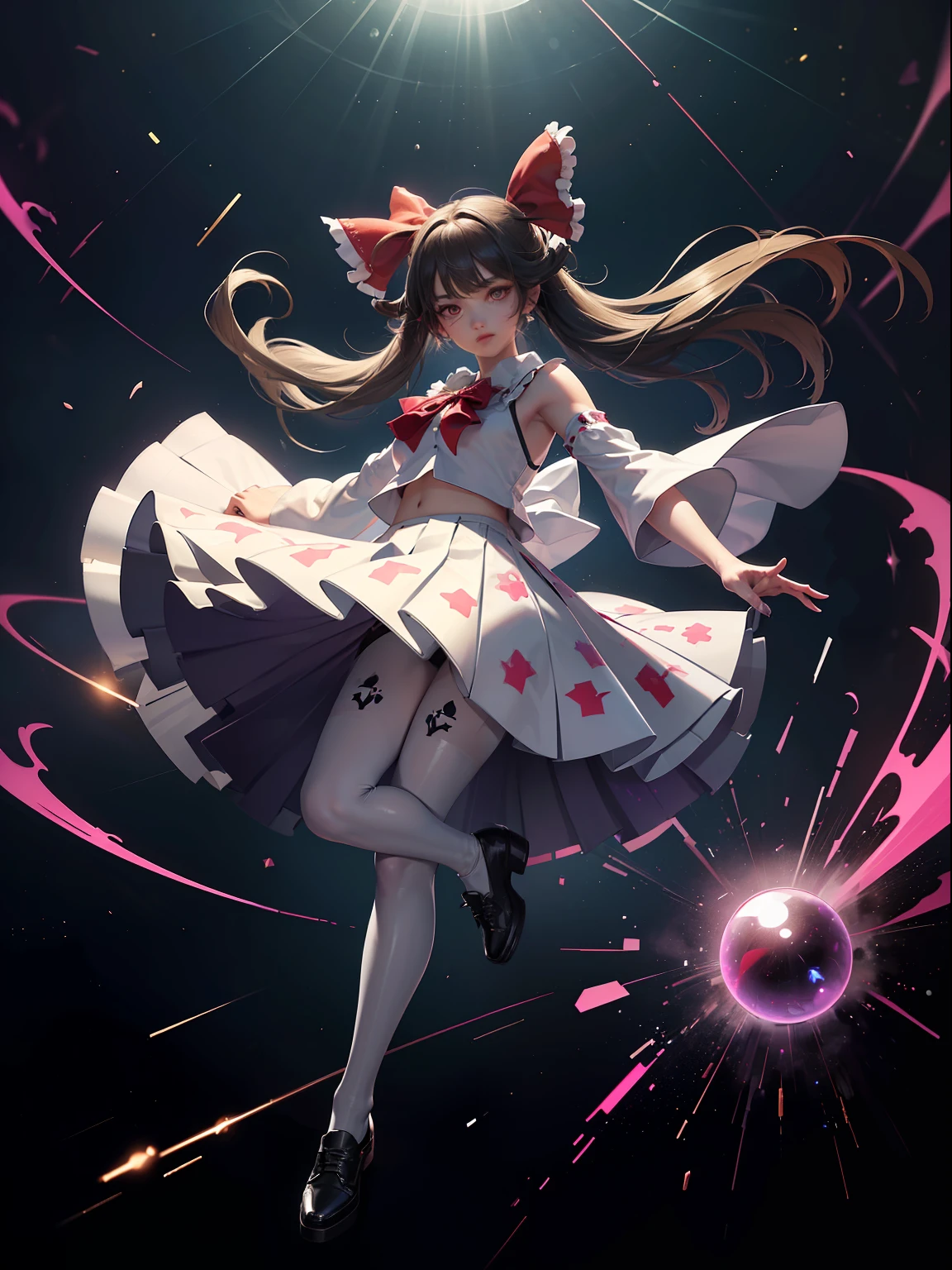 (full body:1.5)，(1girl:1.3),(looking at viewer:1.4)，(anatomy correct:1.3)，(In the paradise of the day:1.3),(Wearing Reimu Hakurei suit JK uniform printed Ultra short pleated skirt and JK uniform leather shoes with bow decoration ，and Very thick Printed Pantyhose  :1.35), (Light particle effect:1.3),(In pink | amarelo | blue colors| green color |red colors | white colors| black in color| purpleish color| greys| Beige| Flesh color 1.4)，(Glowing eyes:1.3),(Large amplitude action: 1.3)，(Accurate and perfect face:1.4),(Clothing Gloss:1.25),(Skin reflection:1.25),hyper HD, Ray traching, reflective light，structurally correct, Award-Awarded, high detal, lightand shade contrast, Face lighting，cinmatic lighting, tmasterpiece, super detailing, high high quality, high detal, best qualityer, 16k，high contrast,