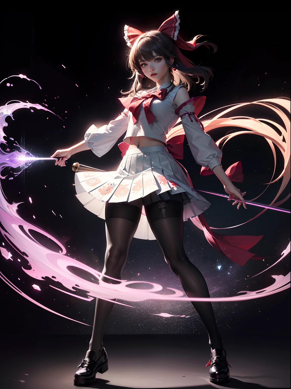 (full body:1.5),(1girl:1.3),(looking at viewer:1.4),(anatomy correct:1.3),(In the paradise of the day:1.3),(Wearing Reimu Hakurei suit JK uniform printed Ultra short pleated skirt and JK uniform leather shoes with bow decoration ,and Very thick Printed Pantyhose :1.35), (Light particle effect:1.3),(In pink | amarelo | blue colors| green color |red colors | white colors| black in color| purpleish color| greys| Beige| Flesh color 1.4),(Glowing eyes:1.3),(Large amplitude action: 1.3),(Accurate and perfect face:1.4),(Clothing Gloss:1.25),(Skin reflection:1.25),hyper HD, Ray traching, reflective light,structurally correct, Award-Awarded, high detal, lightand shade contrast, Face lighting,cinmatic lighting, tmasterpiece, super detailing, high high quality, high detal, best qualityer, 16k,high contrast,