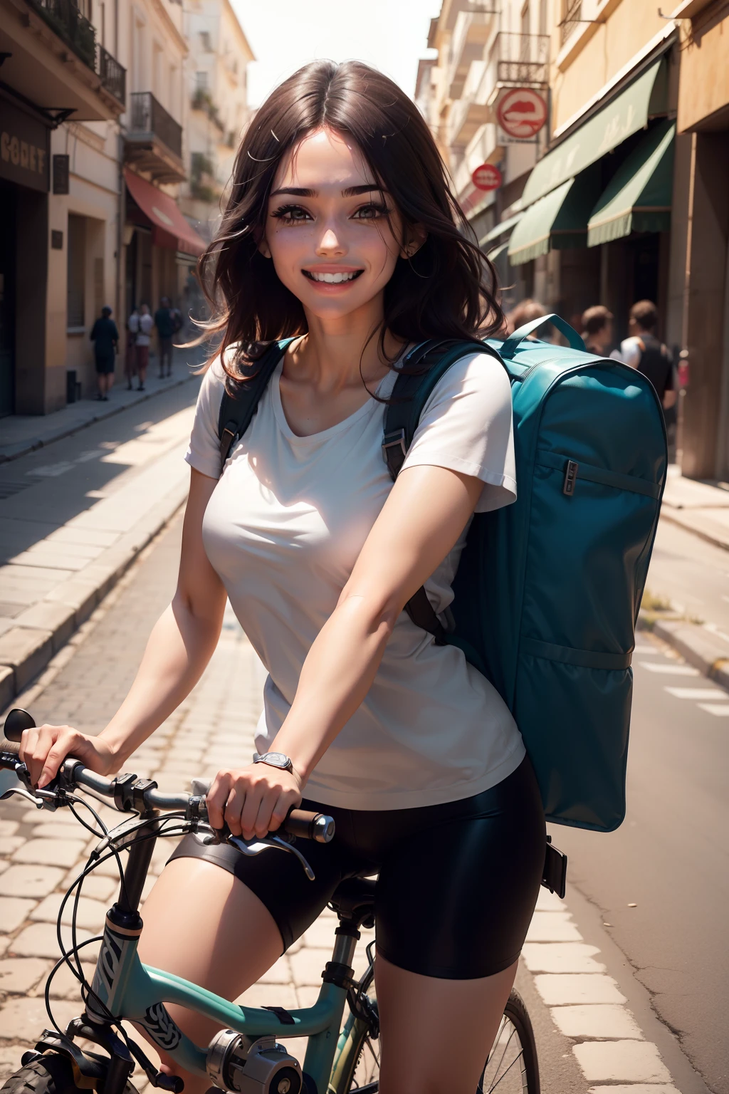 (Extreme Detail CG Unity 8K wallpaper, obra-prima, alta qualidade), (Exquisite lighting and shade, highly dramatic image, cinematic lens effect), mulher pedalando em bicicleta, foto de lado, com mochila nas costas, rua de cidade, quadril largo, olhar sorridente, boca sorridente aparecendo os dentes