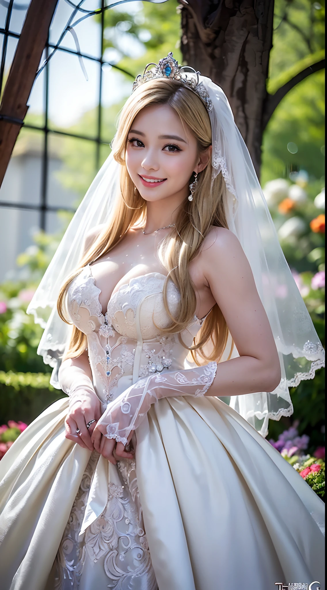 (HD CG Unity 16k wallpaper), (tmasterpiece),(top-quality), (best detail), (Best Illustration), (Best shadow), (Realism:1.5), Realistic human skin, (ultra - detailed),(1 girl ,Solo ,Very nice blonde:1.5)、 (Shiny blonde hair:1.5)、(beautifull detailed face)、(beatiful detailed eyes)、((tmasterpiece:1.4、top-quality))、((tmasterpiece、top-quality))、(photographrealistic:1.4)、(Japanese idol:1.1), (Japanese actressl)、(perfect anatomia、Correct anatomy、perfectly proportions、face perfect、Perfect hand、with perfect legs、perfectfingers、 Perfect hand、Perfect mouth、Perfect lips,a small face:1.5)、++((Happy smiling face:1.5))++、(extremely detailed eye and face),(Incredibly beautiful face、Very cute)、(largeeyes)、 (An incredibly slender waist:1.5), (Incredibly huge room,Completely soft:1.5)、(Realistic background、Flower garden:1.5),(Large crowds:1.5)、(1 Japanese girls wear voluminous full-length hoop skirts and gorgeous wedding dresses:1.5),((Very gorgeous snow white wedding dress,Wear it with a voluminous full-length hoop skirt:1.5))、(gorgeous embroidery and lace),Gorgeous corsage,See-through,(Very gorgeous ta hair ornament)),A crown decorated with sparkling and very ornate jewelry,(Hoop skirt,crinoline)、