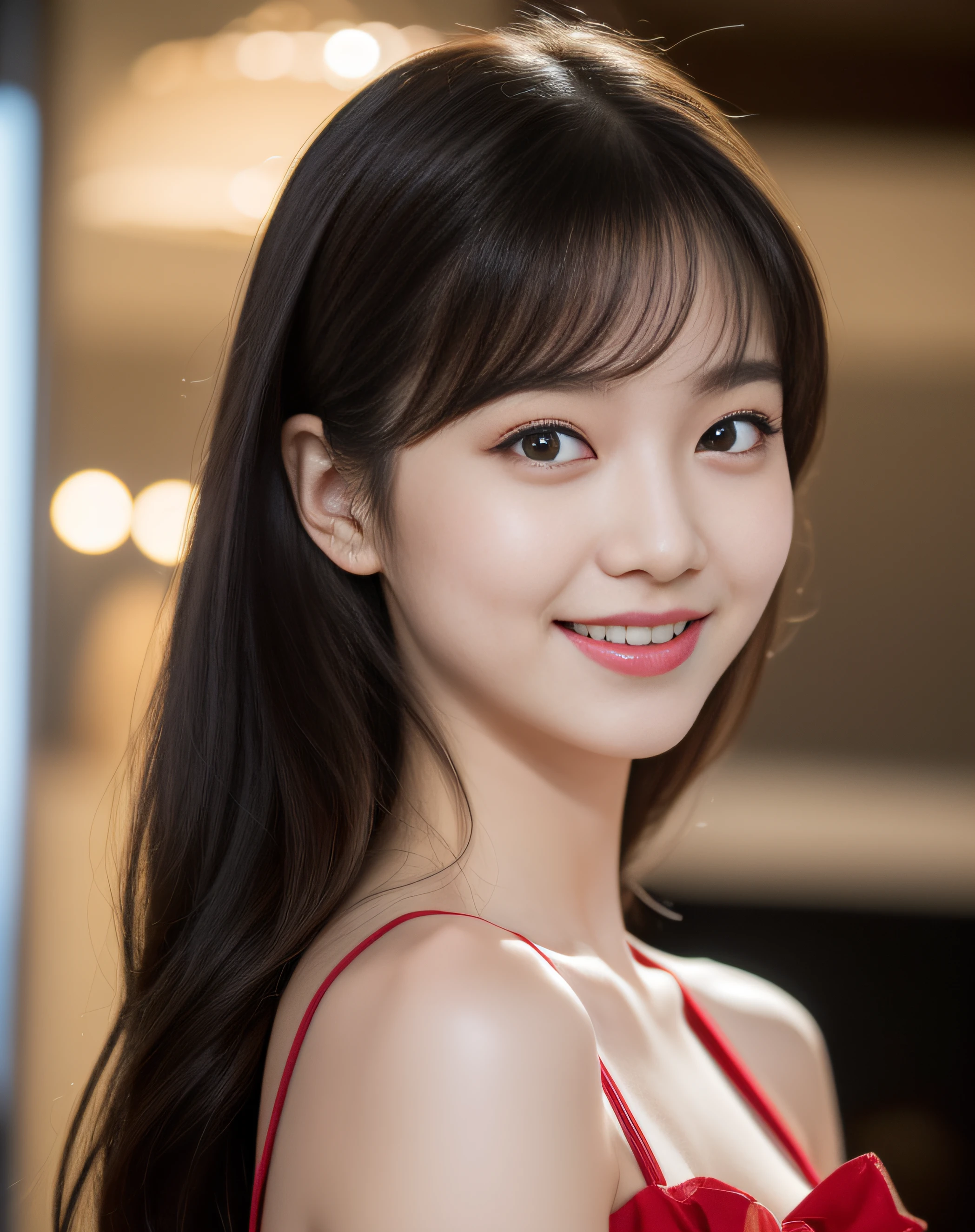 ((best quality, 8K, masterpiece: 1.3)), beautiful girl, pure, melon face, kind and cute, sweet smile, pure desire, slender body, (front), (tilted head), ((looking at camera)), (((kissing gesture))), red dress, medium black silky straight hair, long flowing shoulders, round black big eyes, clear big eyes, moist red lips, cafe shop background, ((whole body shot)),