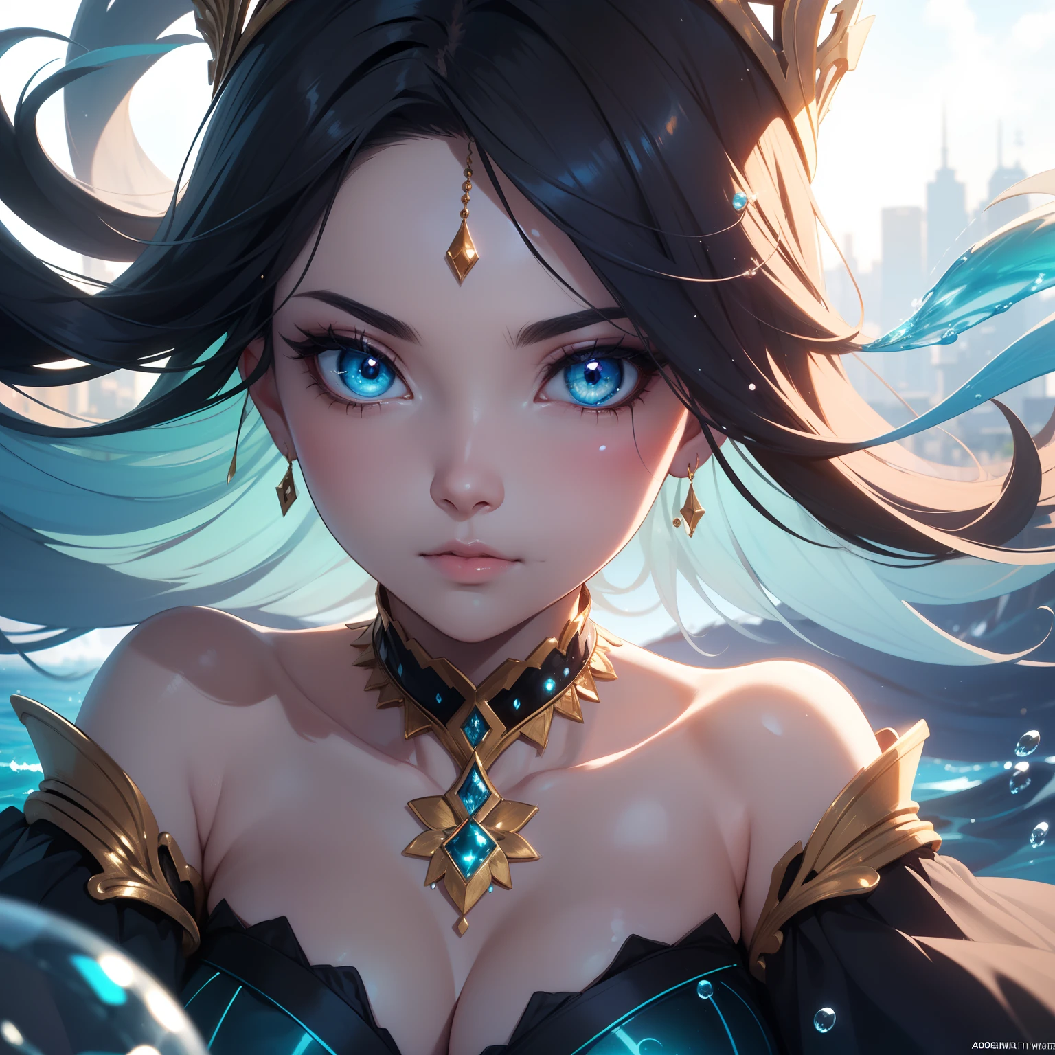 (skindentation:1.5), Realistic, Photorealistic, (masterpiece:1.5), concept art, intricate details, highly detailed, photorealistic, octane render, 8k, unreal engine, dynamic pose, best quality, highres, (realistic face:1.1), (hyperrealistic:1.1), (((close-up, front view:1.5))), perfect eyes, (shiny skin:1.2), (((hairstyle))), (((perfect hands))), (extremely detailed background), ((dynamic background)), ((luminous blue aura)), (light rays), ((1girl)), ((detailed eyes, high quality eyes, high quality face)), flowing long blue hair, radiating power, luminous blue, magic, ((dramatic)), epic, battlefield, depth of field, bokeh, 4k, gothic, water particles, large cleavage, long round legs, curvaceous, navel, chaotic city backgound, the serene water goddess commands attention, her diadem of iridescent pearls and aquamarine gemstones rests regally atop her head, an enchanting luminous pearl adorning her forehead, cascading tresses mirror the sea's ebb and flow, while her soft complexion and captivating eyes reflect the ocean's mysteries, (((adorning an opalescent black bodice with seashell patterns, her flowing skirts mirror tranquil shades of blue with golden accents))), pearl bracelets encircle her wrists, and current-like arm cuffs grace her forearms, in a poised posture, (((she conjures a water spheres))), embodying her dominion, amidst the chaos of the city battlefield, (((battle stance))), extremely detailed Artgem, ig model, artgem, alena aenami and artgem, krenz cushart and artgem, artgem and atey ghailan