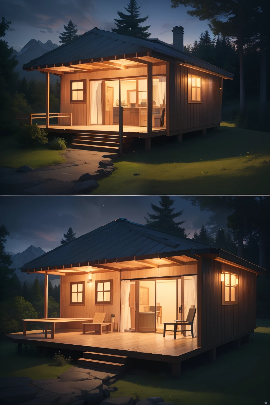 an architectural drawing of a 400 sq ft tiny house in a forest, 2 sloped roof, big wrapped around porch with table and chairs, on the background are mountains, very dark sky, 4k, dramatic light, high details, place cabin in the center,