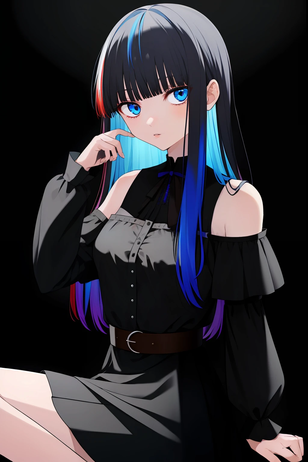 (Masterpiece:1.4), 1girll, Solo, Blue eyes, Long hair, view the viewer, Black background, Long sleeves, spot color, bangs, dress, Bare shoulders, Blue hair, parted lip, belt, multicolored hair