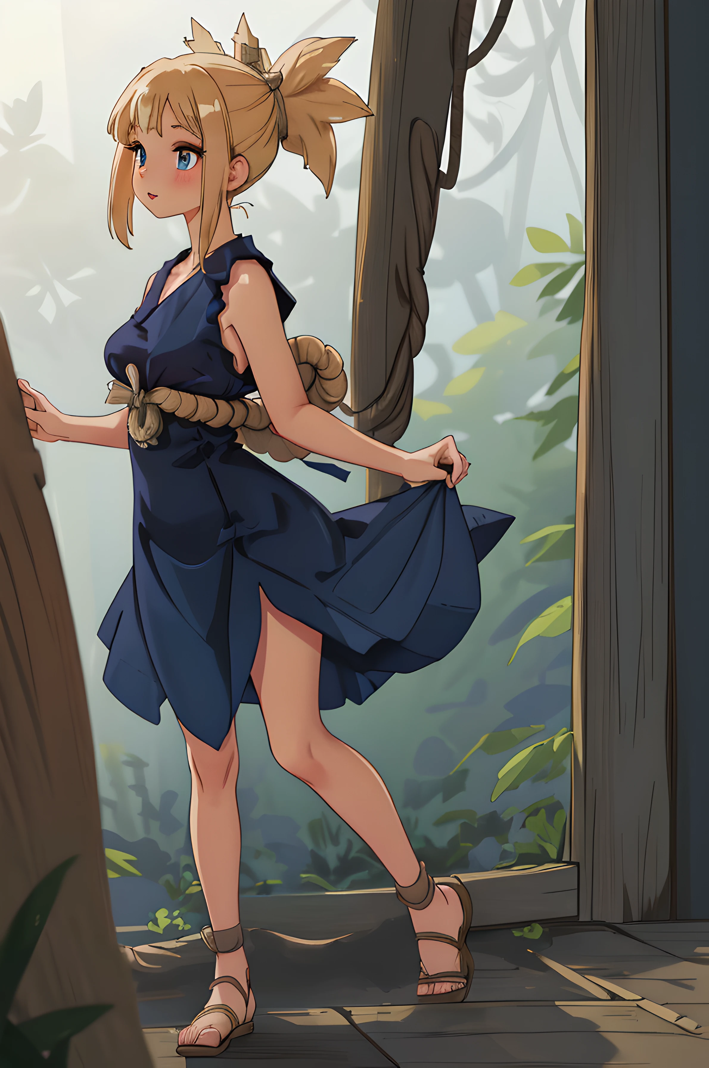 8k, raw camera, highres, detailed, masterpiece, portrait, photorealistic, hyperrealist, aesthetic, beautiful, best quality, highly detaile, best quality clothing, aesthetic clothings, professional angle, rule of thirds, Feminine, delicate, beautiful, 19 years, attractive Japanese, (solo), 1 girl, (Kohaku), (In Jungle), ((Full Body)), ((From Front) Shallow Depth of Field), Prehistoric World, ((Normal Mood)), (Medium Lenght Hair, Blonde Hair), (Pulled Back Hair, Pointed PonyTail Hair, Twin Locks on the Sides, Rope in Hair, Straight Hair), ((-)), (Blue Eyes, Open Eyes, Cheerful Gaze), (Blushed, Arms Down, Hands Down), ((Standing), Mouth Closed), -, -, (Average Bust), ((Navy Blue Short Dress, Rope Belt, Knot in Front)), (Semi-Ripped Dress, Sewn Dress, -), (SleeveLess, V-Neckline), beautiful body, beautiful eyes, shiny eyes, shiny hair, beautiful mouth, beautiful lips, beautiful skin, beautiful face