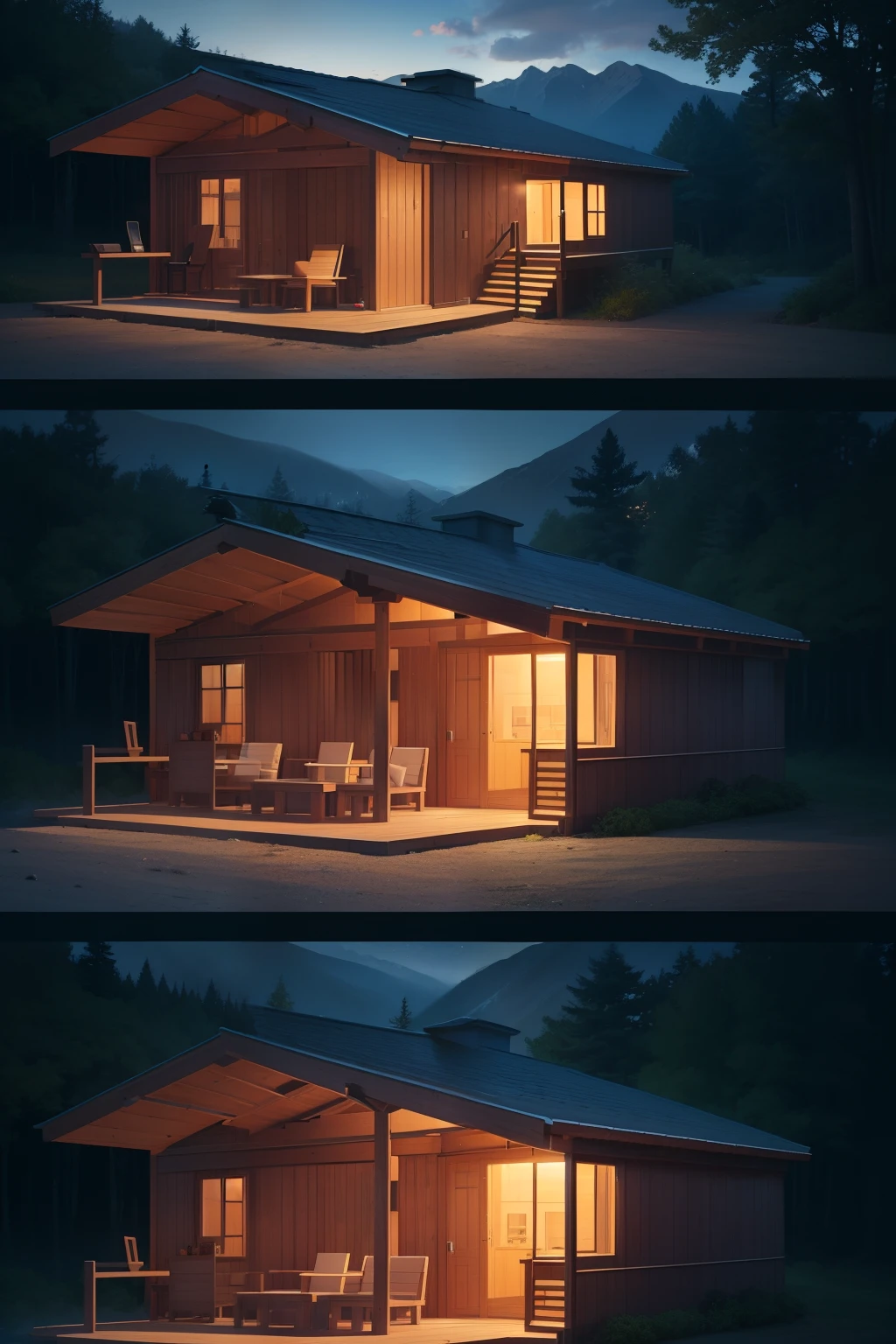 an architectural drawing of a 400 sq ft tiny house in a forest, 2 sloped roof, big wrapped around porch with table and chairs, on the background are mountains, very dark sky, 4k, dramatic light, high details, place cabin in the center,