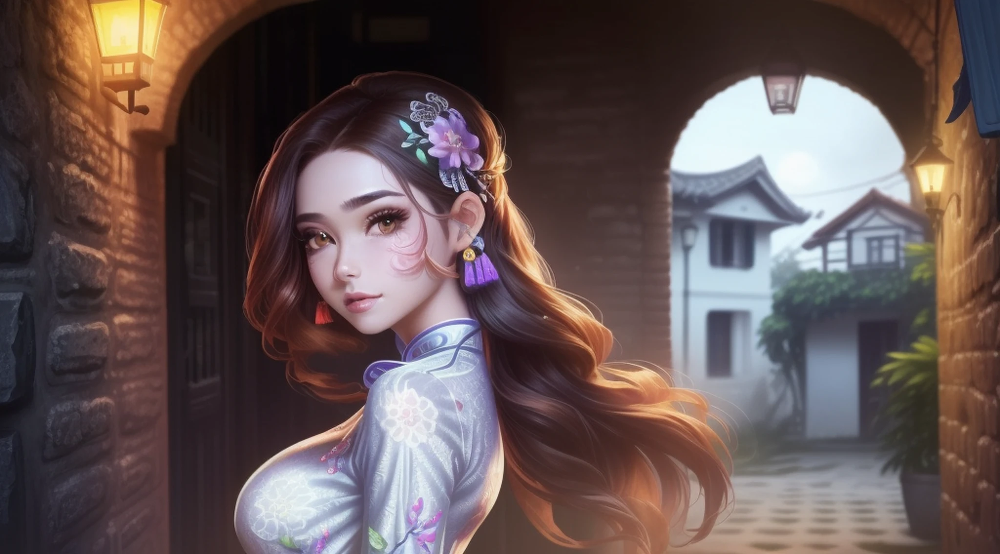 fotografia de melhor qualidade,Foto colorida RAW de alto detalhe, tiro completo, frontal angle,foto deslumbrante, analogue style, foto hiper real de um (Mulher malaia:1.4), (:1.5), Usando (vestido roxo da porcelana (Cheongsam/Qipao):1.35 design por (A Companhia Hairoine):1.3), coberto , (amber eyes:1.2), olhos brilhantes, (Lowercase figure), (red hair, cabelos longos, cabelos ondulados, Quad Tails Cabelo:1.25), (tiny boobs:1.3), (asymmetrical breasts:1.2), (In the background (Cidade Antiga de Nessebar:1.25)), (fotografado em uma Canon EOS 90D DSLR Camera por Richard Hamilton fotografado:1.2), (rosto perfeito, olhar sedutor, pele detalhada, diffused skin pores, dentadura da pele, (clivagem:0.8), sombras fortes, sombras perfeitas, ultra realistic lips, nariz ultra realista, rosto perfeito, olhos realistas, olhos ultra detalhados, Face Ultra Detalhada, rosto sombreado, Poros, pele real, em linha reta), (altamente detalhado, detalhes finos, intrincado), ray tracing, profundidade de campo rasa, foco duro, liso, cinematic movie still,(detalhes intrincados, hiperdetalhado:1.2),(mal iluminado, discreto, Rim lighting:1.4), Olhando para o Viewer, Looking at camera, 8k UHD, DSLR, alta qualidade, filmic grain